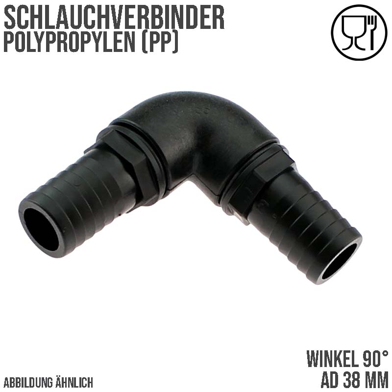 38 mm Winkel 90° PP Schlauch Verbinder 2-fach Stutzen Tülle Pool Teich Garten schwarz - PN 6 bar