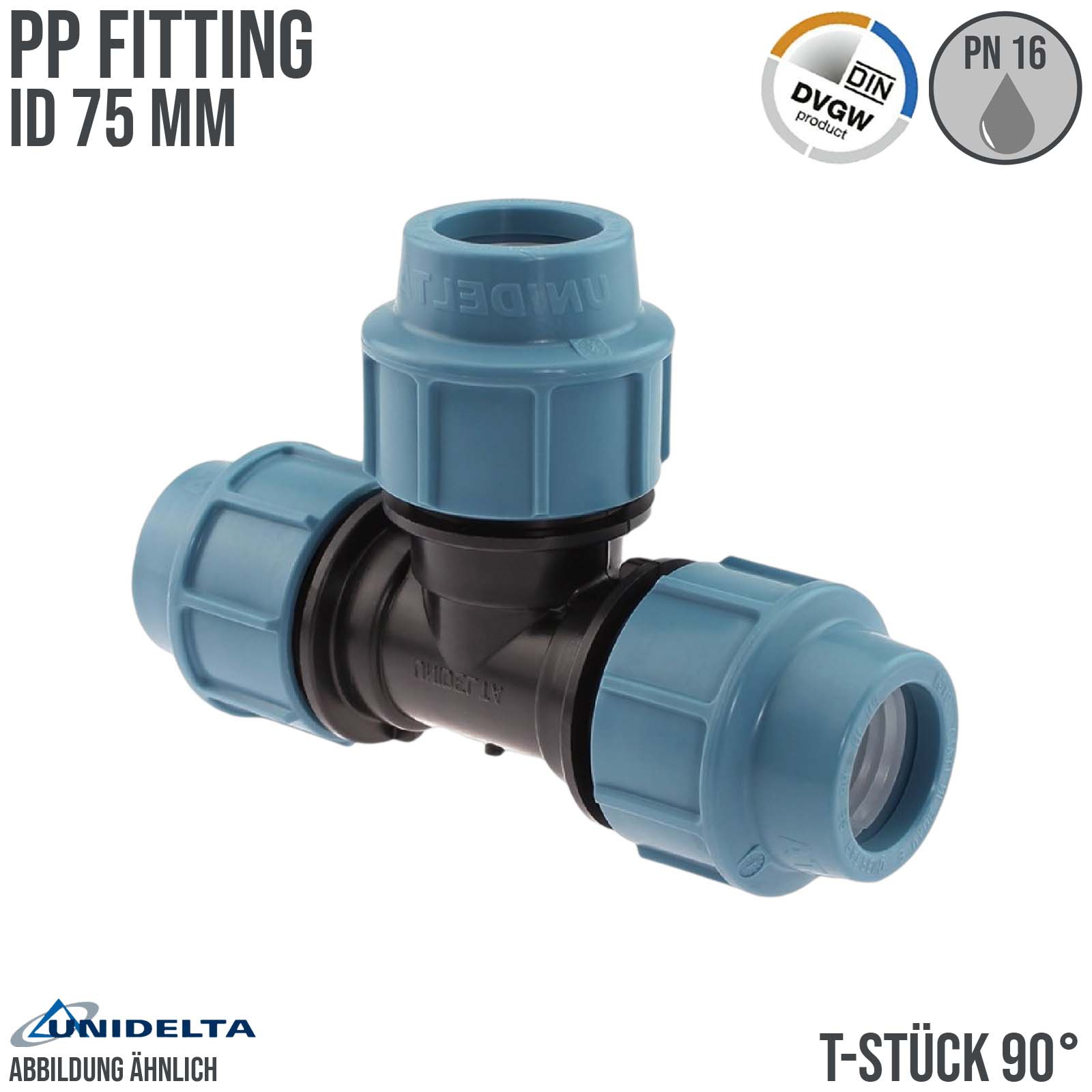 75 mm PE PP Fitting Klemm Verbinder Verschraubung Muffe Rohr Winkel 90° DVGW - Unidelta