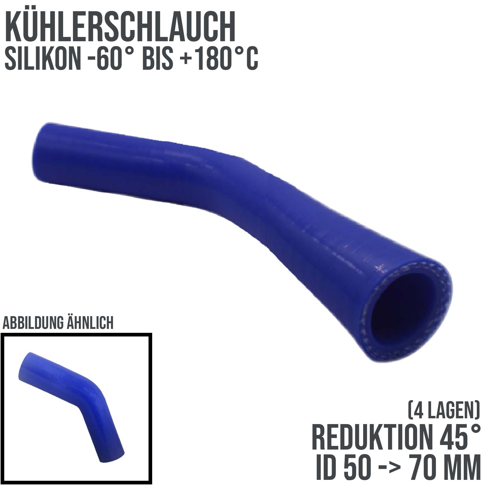 50 -> 70 mm ID Kühlerschlauch Reduktion 45° Verbinder Silikon LLK Ladeluft Kühlmittel Schlauch blau