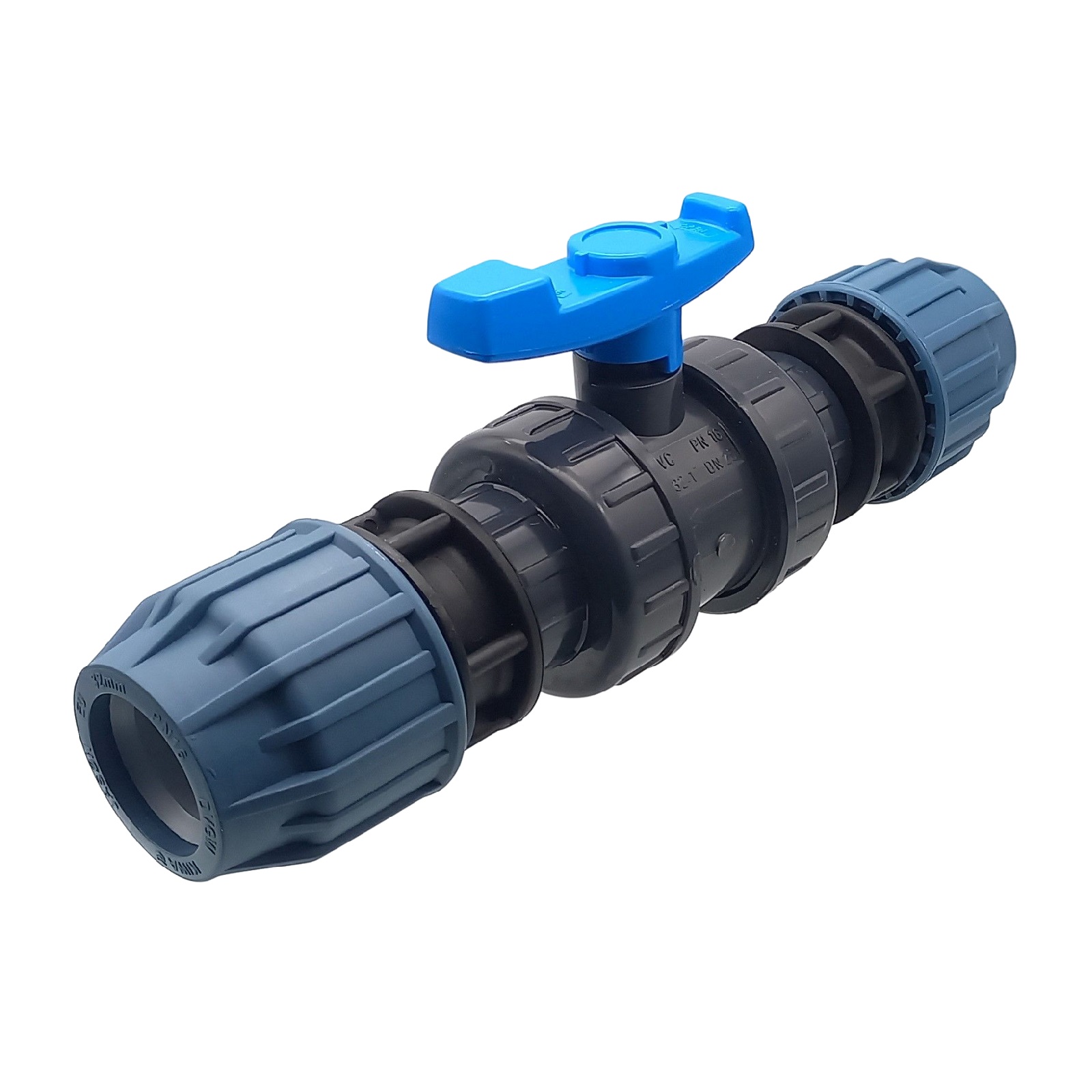 63 mm PE PP Fitting Klemm Verbinder Verschraubung Kugelhahn (blau) mit 2-fach Muffe