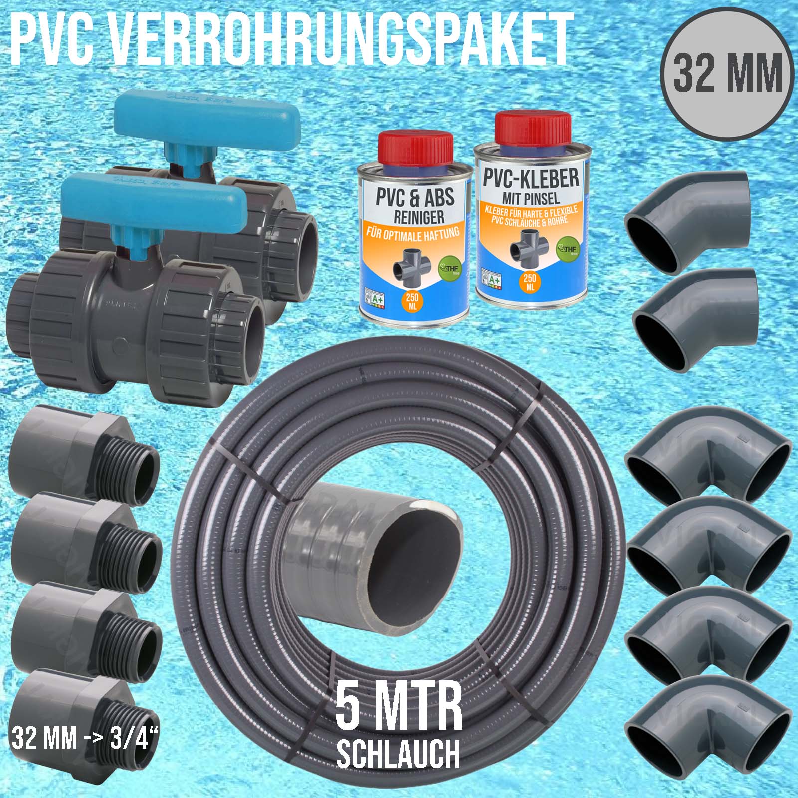 32 mm PVC Klebe Fittings Verrohrungspaket Pool Schwimmbad Schlauch FLEX (3/4") -   5 m - blau