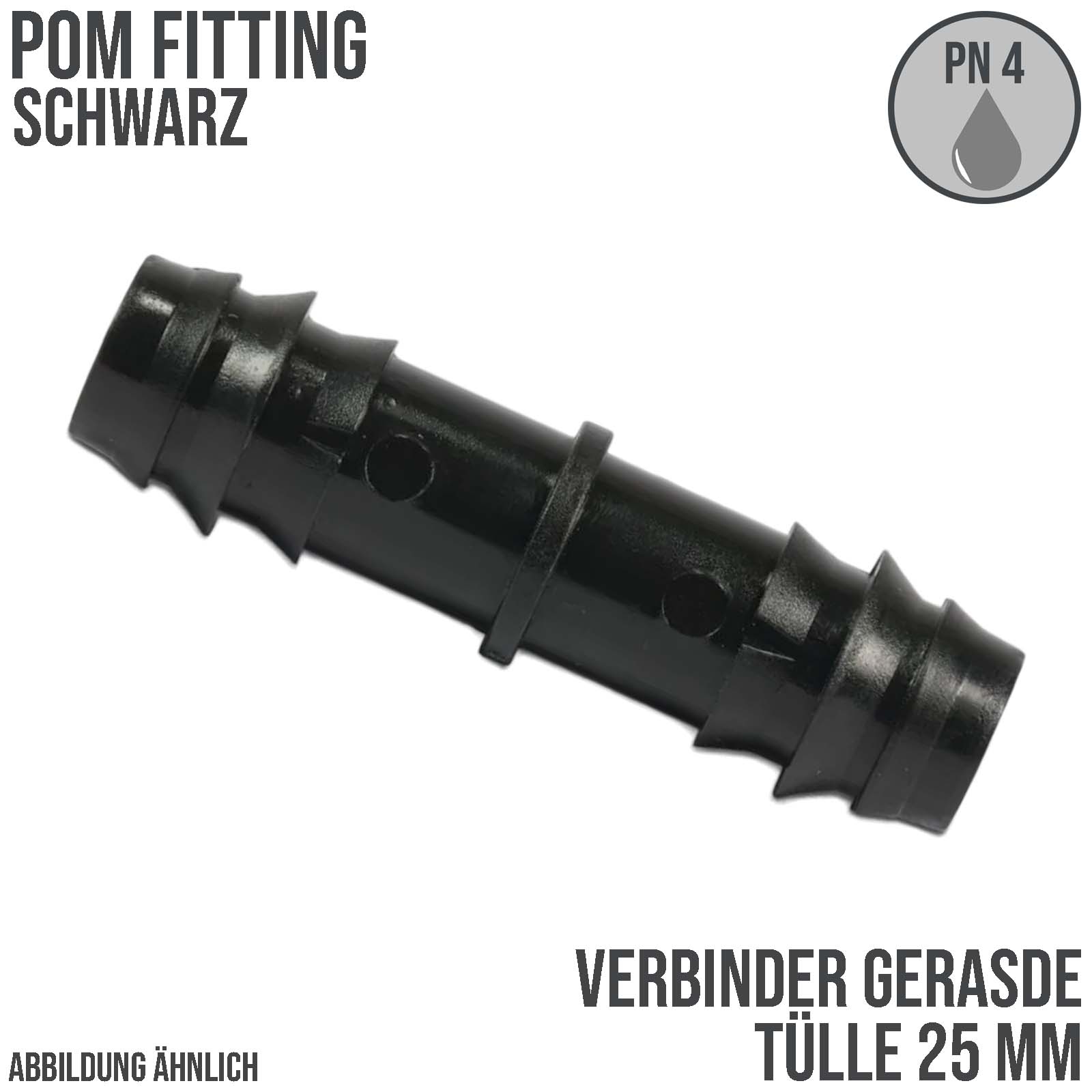 25 mm POM Schlauch Verbinder Stutzen Tülle Kupplung Tropf Fitting schwarz PN 4 bar
