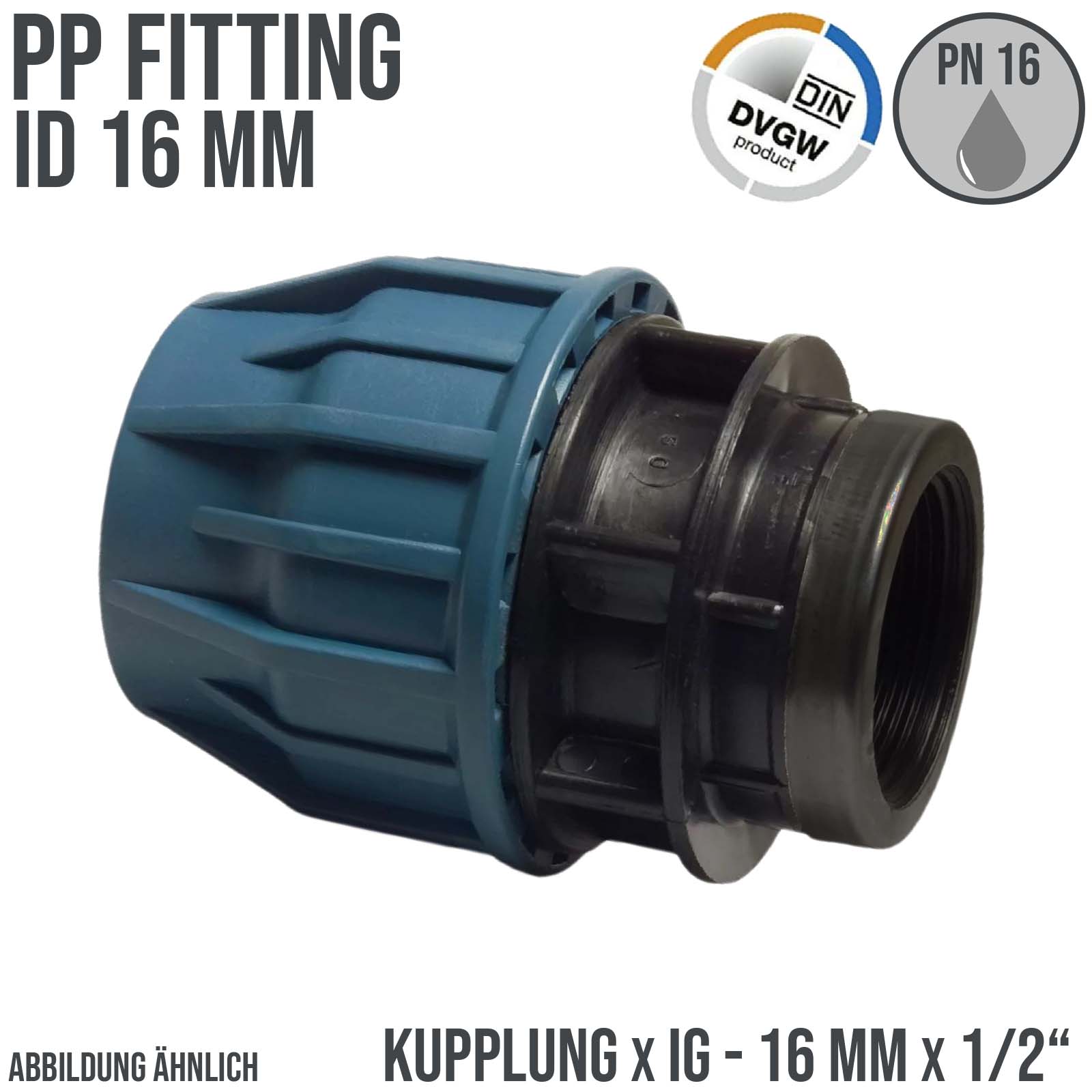 16 mm x 1/2" PE PP Fitting Klemm Verbinder Verschraubung Muffe Rohr Kupplung x IG DVGW - PN 16 bar