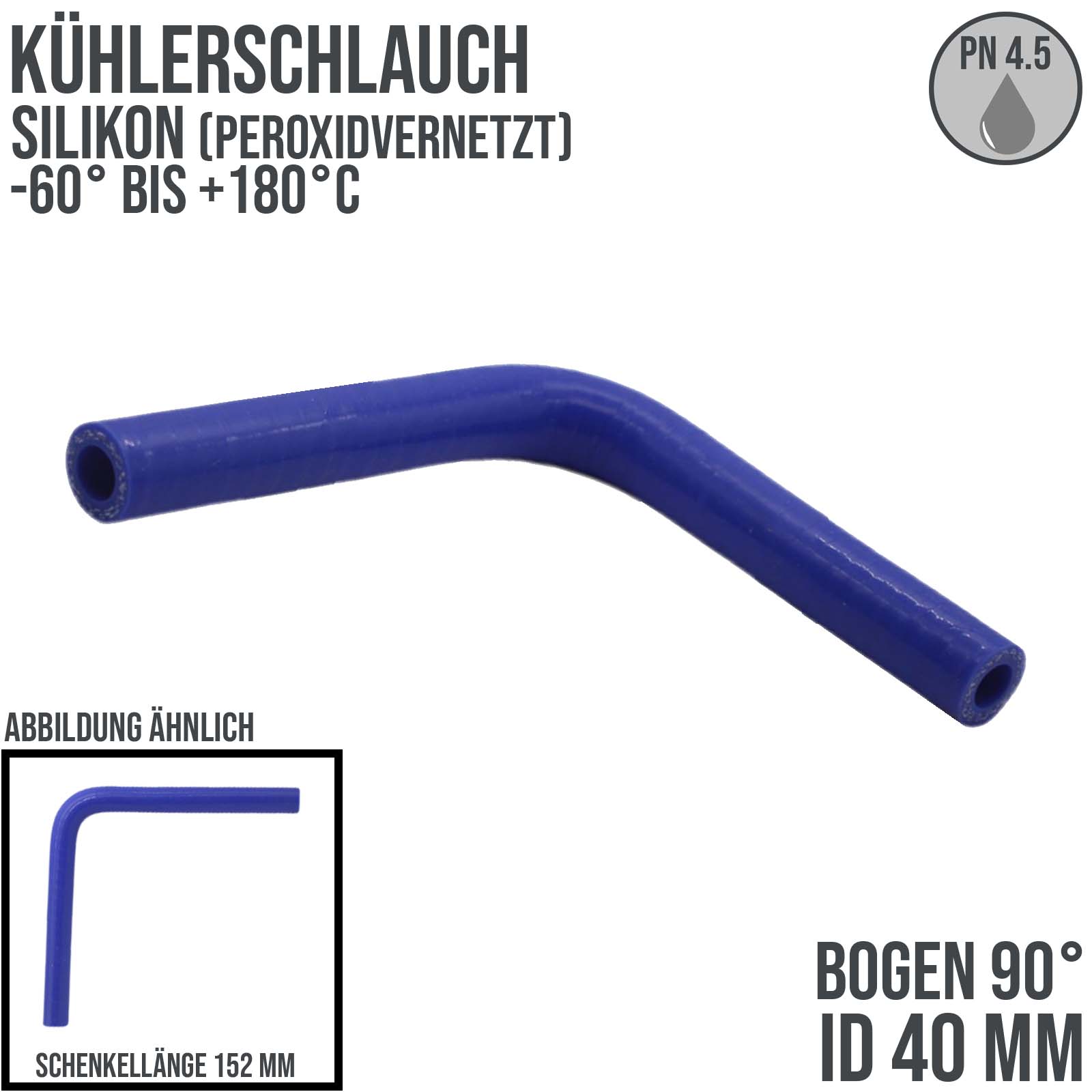 40 x 48 mm Kühlerschlauch Silikon Bogen 90° LLK Ladeluft Kühlmittel Schlauch universal blau (4,5 bar) - 152mm