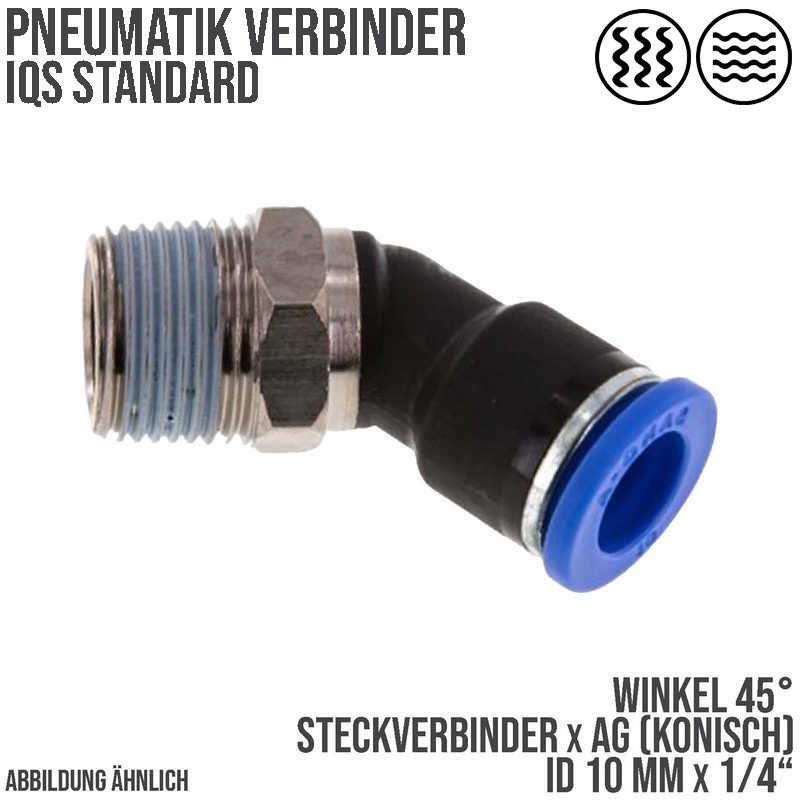 10 mm x 1/4" Pneumatik Steck Verbinder Winkel 45° IQS Außengewinde konisch - PN 20 bar