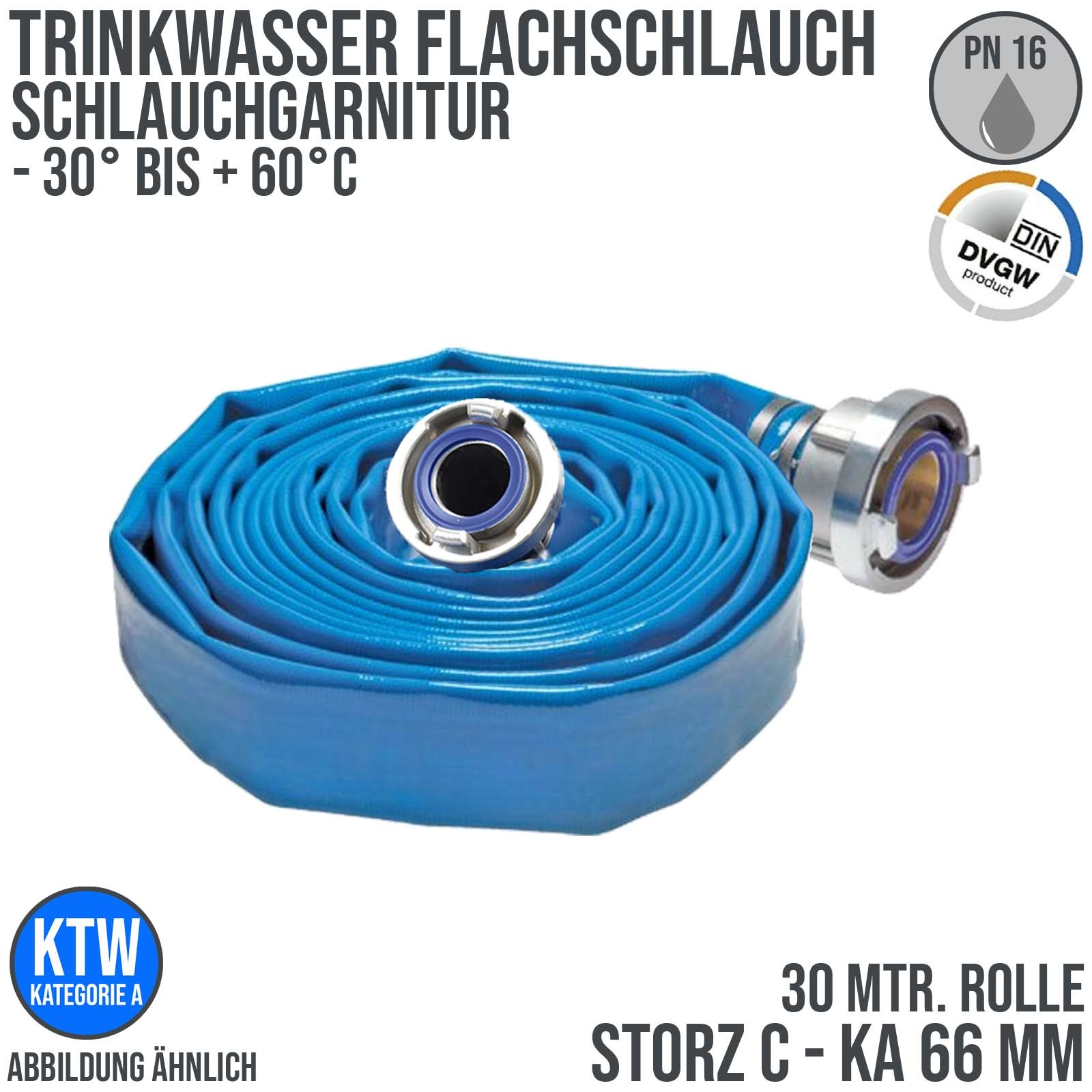 STORZ C KA 66 52 mm 2" Trinkwasser Flach Schlauch DVGW KTW Garnitur blau PN 8 bar - 30 m