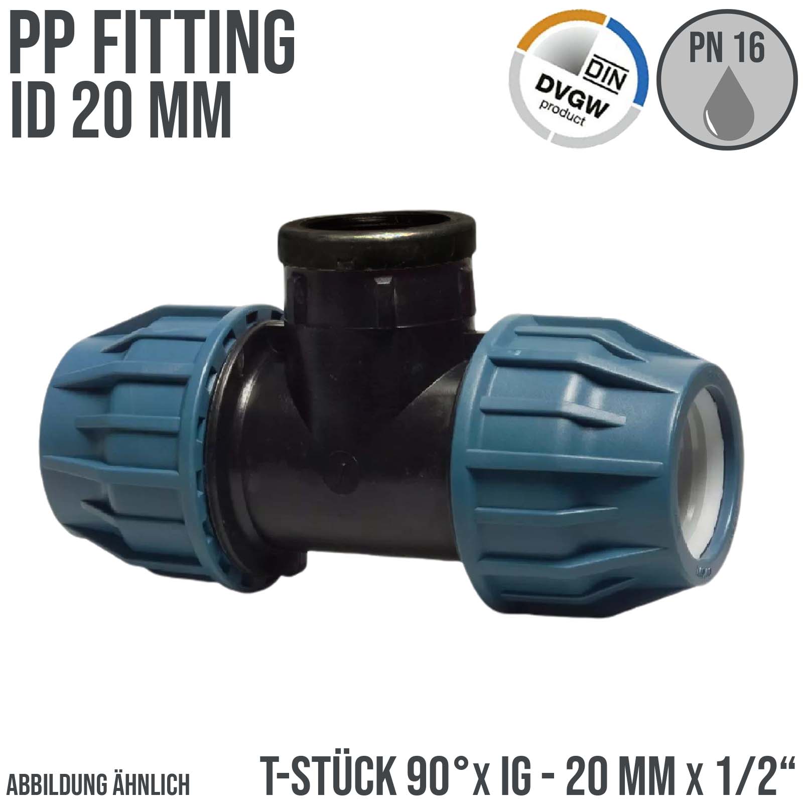 20 mm x 1/2" PE PP Fitting Klemm Verbinder Verschraubung Rohr T-Stück 90° x IG DVGW - PN 16 bar