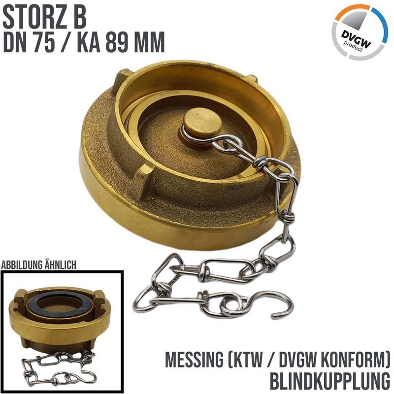 STORZ B DN 75 KA 89 Messing Blindkupplung mit Kette Saug Bau Feuerwehr Schlauch KTW NBR - PN 16 bar