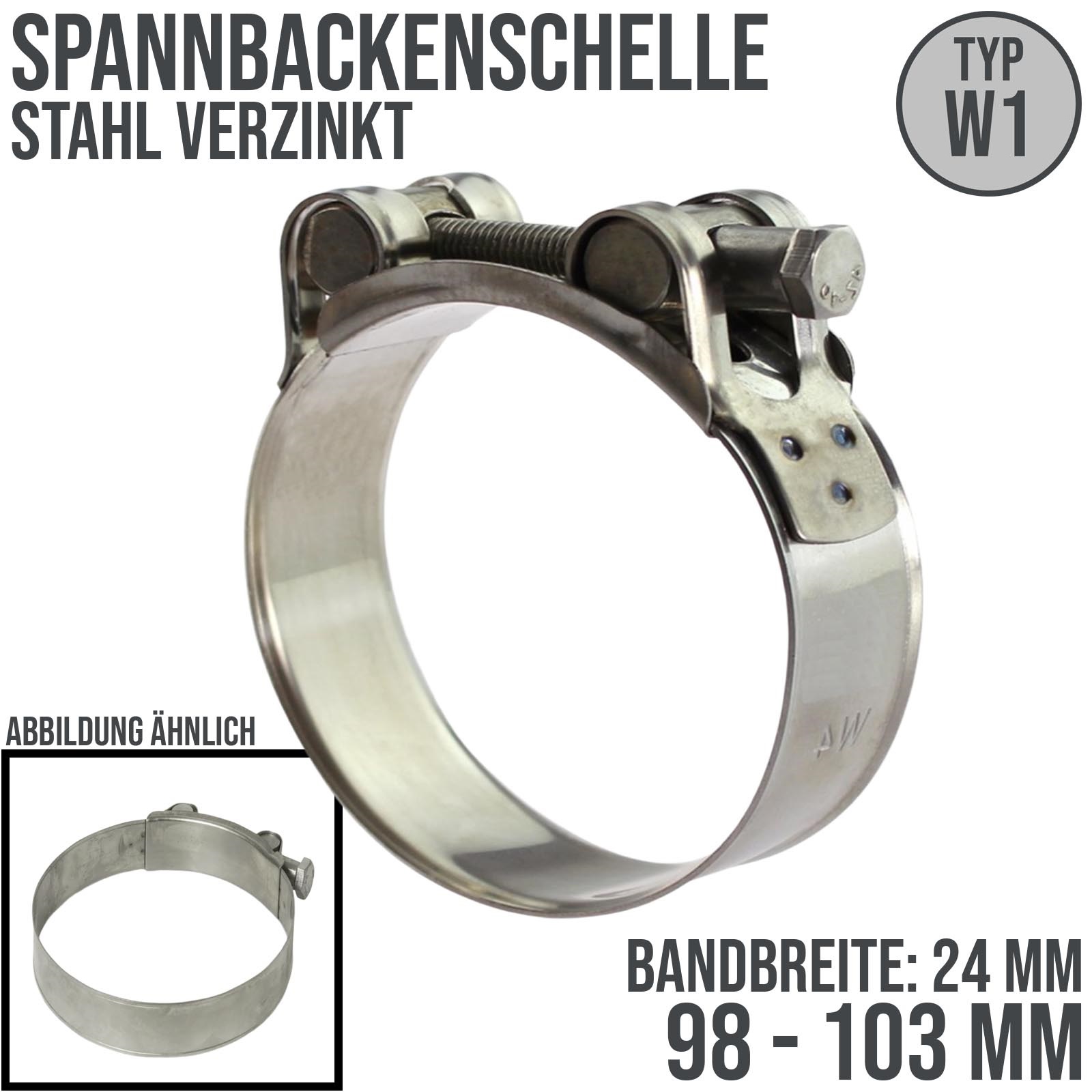 98 x 103 mm Gelenkbolzen (GBS) Spannbacken Panzer Schelle Stahl verzinkt Typ W1 - Bandbr.: 24 mm