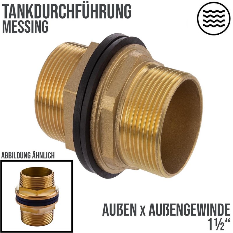 1 1/2" Tank Regen Tonnen Durchführung Connector Messing 2-fach Außengewinde  - PN 16 bar