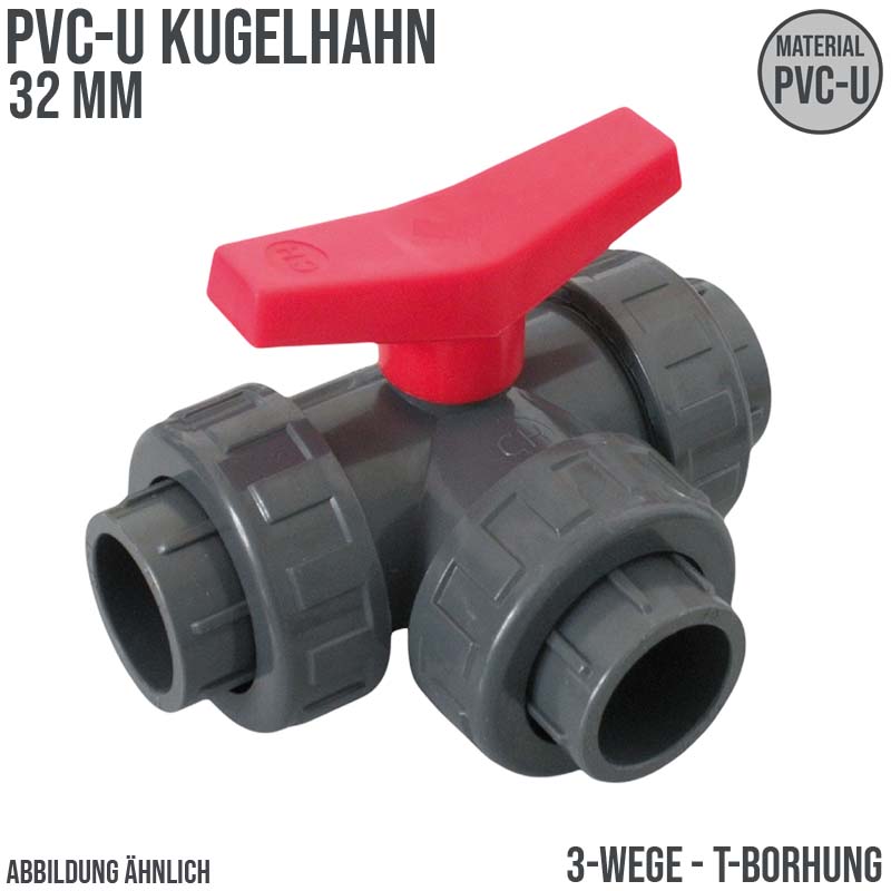 32 mm PVC Kugel Absperr Hahn Ventil T-Bohrung 3-fach Klebemuffe Fitting PN 10 bar - roter Griff