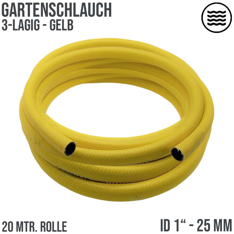 1" 25 mm Garten Wasser Bewässerung Universal Schlauch gelb 3 Lagen - PN 6 bar - 20 m