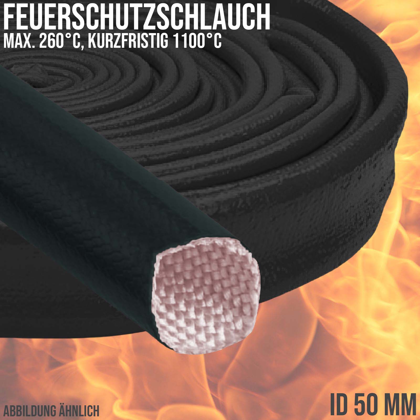 50 x 3,7 mm Feuer Flamm Brand Schutz Schlauch Silikon Fiberglas DN schwarz EN 45545 DIN5510-2 - 20 m