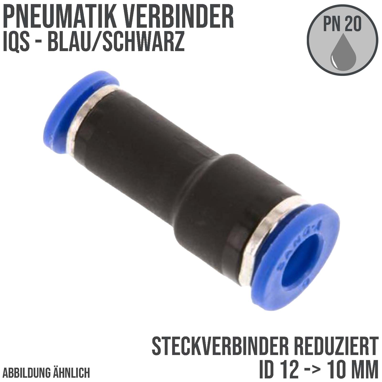 12 -> 10 mm Pneumatik Schnell Steck Verbinder IQS gerade reduziert blau/schwarz PA PU Schlauch - PN 20 bar