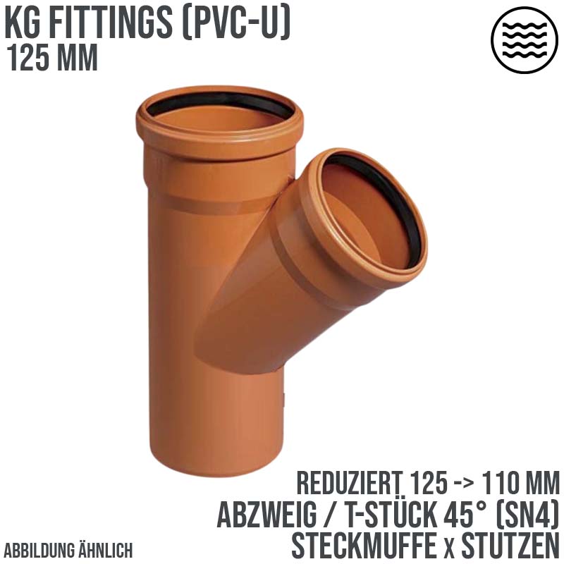 125 x 110 mm PVC T-Stück 45° red. Abzweig Abfluß Abwasser HT KG Rohr SN4 Steckmuffe x Stutzen rostbraun