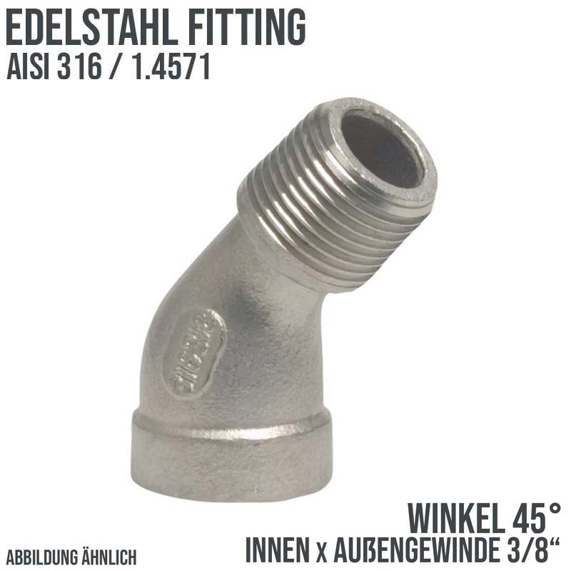 3/8" Edelstahl Fitting V4A AISI 316 Nr. 121 - Winkel 45° Innen x Außengewinde IG x AG - PN 10 bar