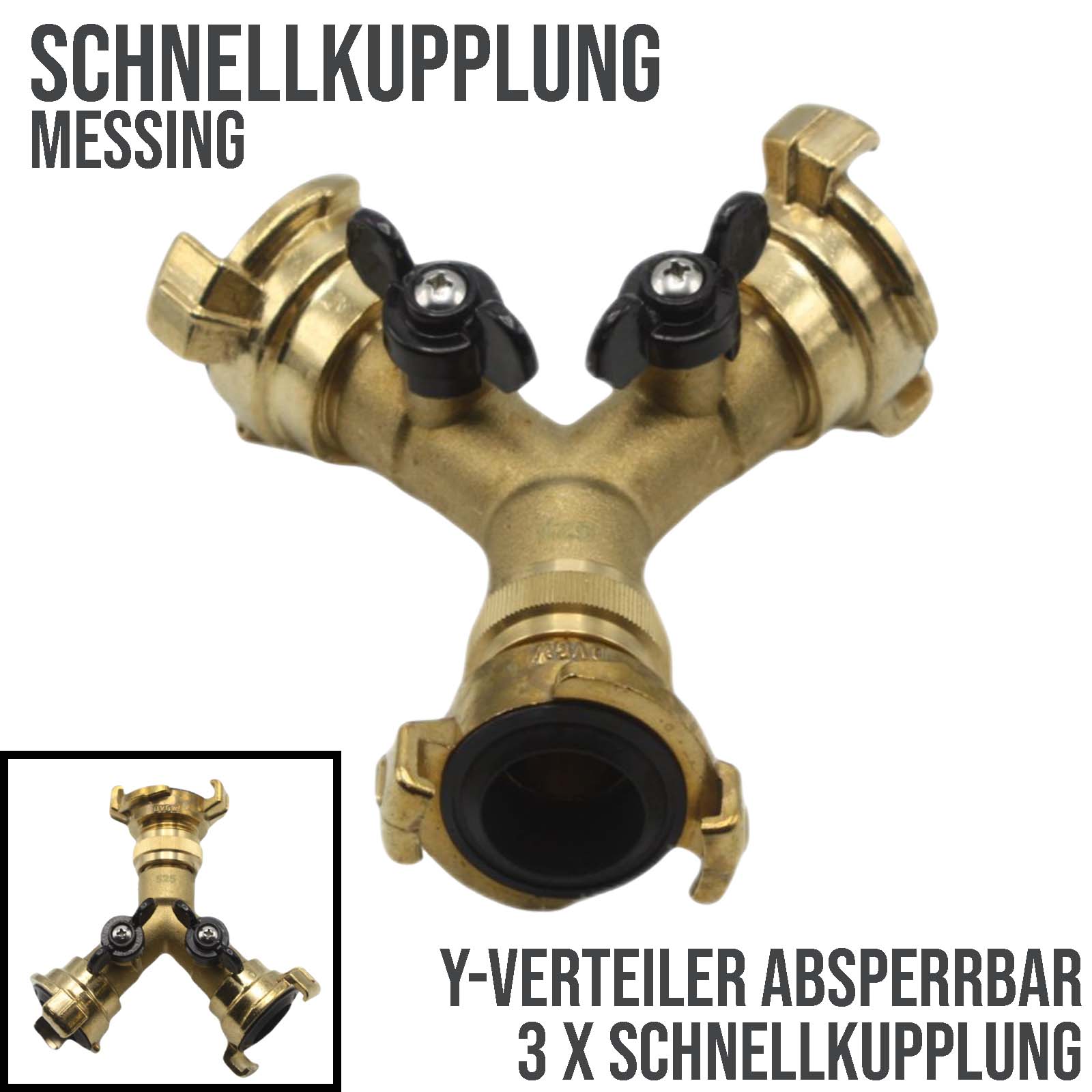 3-fach Y-Verteilerstück Schnell Schlauch Kupplung Messing absperrbar (GEKA kompatibel) PN 10 bar