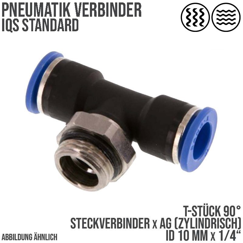 10 mm x 1/4" Pneumatik Steck Verbinder T-Stück 90° IQS Außengewinde zylindrisch - PN 20 bar