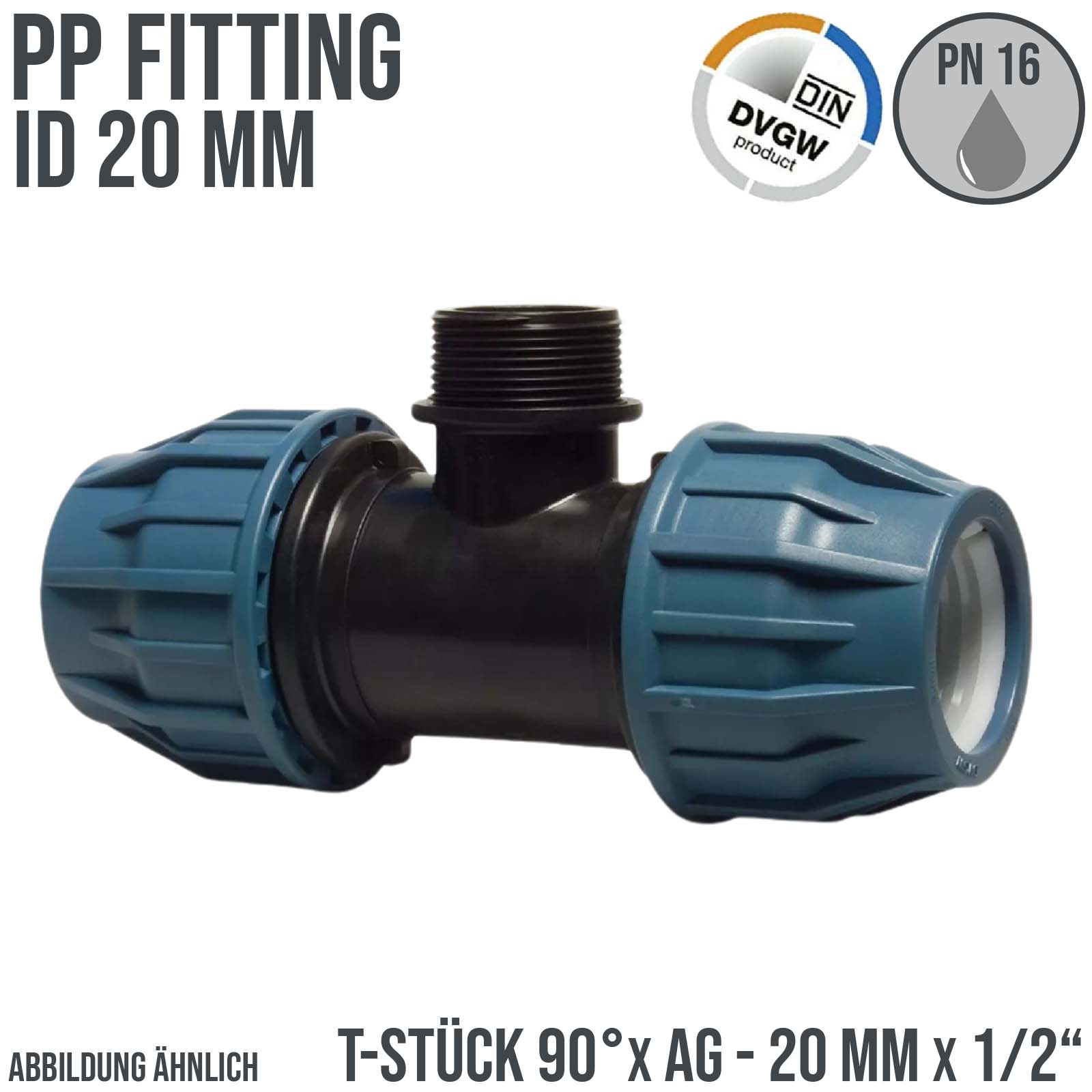 20 mm x 1/2" PE PP Fitting Klemm Verbinder Verschraubung Rohr T-Stück 90° x AG DVGW - PN 16 bar 