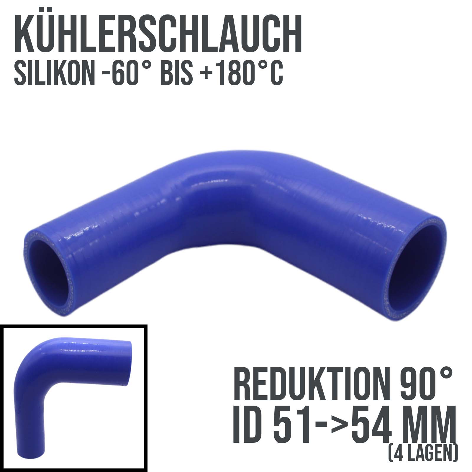 51 -> 54 mm ID Kühlerschlauch Reduktion 90° Verbinder Silikon LLK Ladeluft Kühlmittel Schlauch blau - 150mm