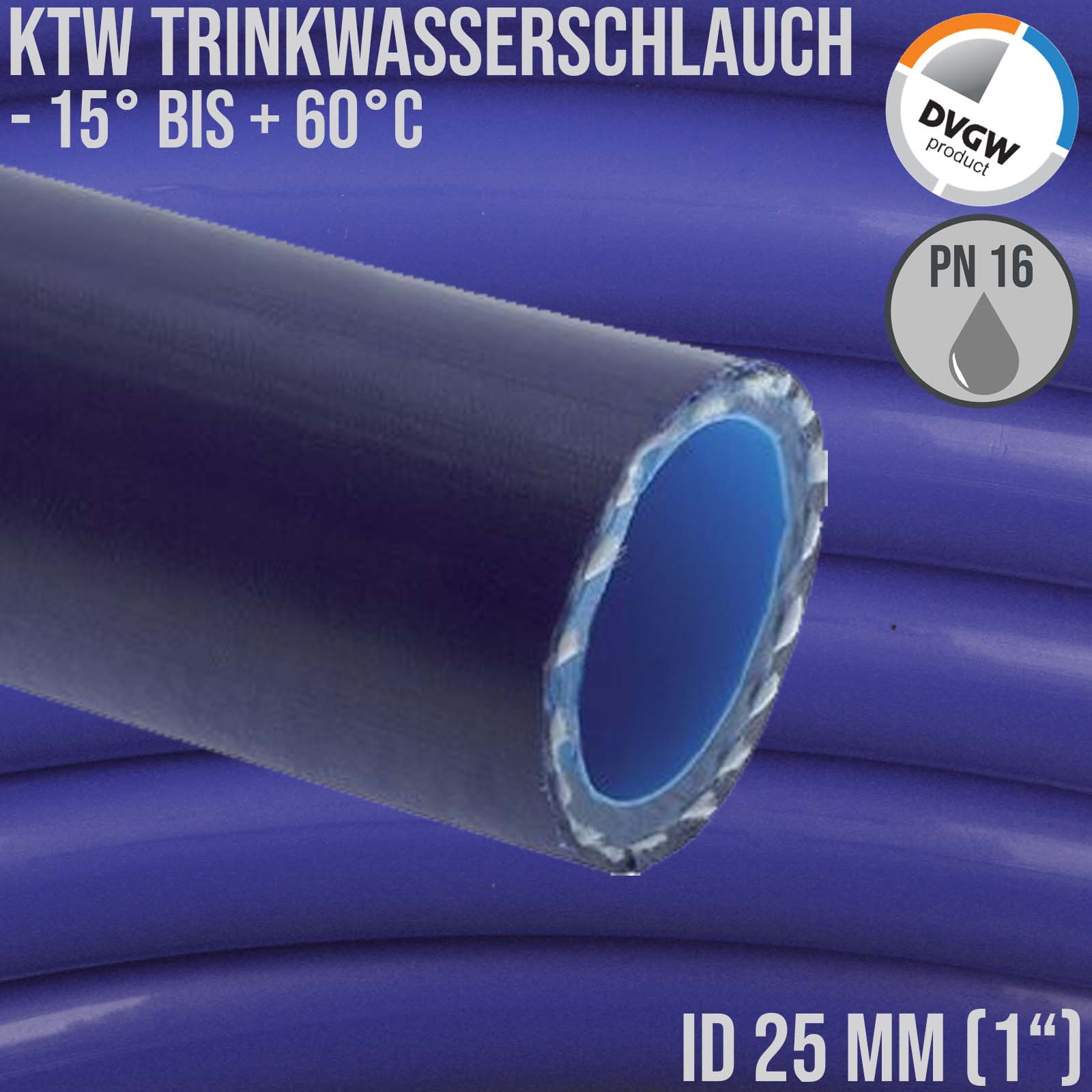 25 mm 1" Zoll Trink Wasser Kirmes Volksfest Biergarten Schlauch TPE KTW DVGW W 270 blau PN 16 bar