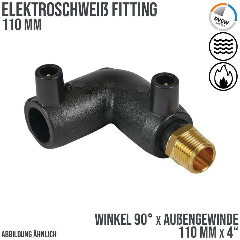 110 mm PE 100 Elektro Schweiß Fitting Winkel 90° x Außengewinde 110 mm x 4" SDR 7,4 DVGW 24 VAC schwarz