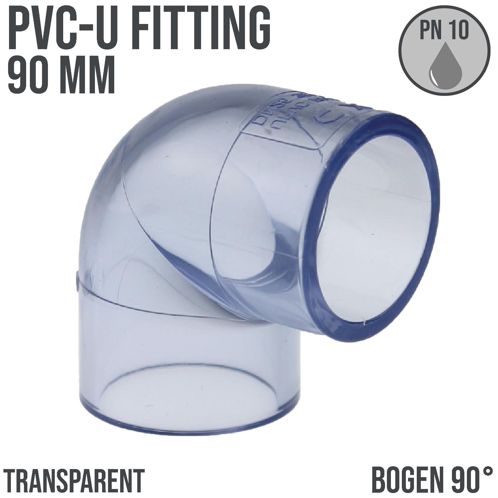 90 mm PVC Klebe Fitting Winkel 90° Muffe Verbinder - transparent durchsichtig - PN 16 bar