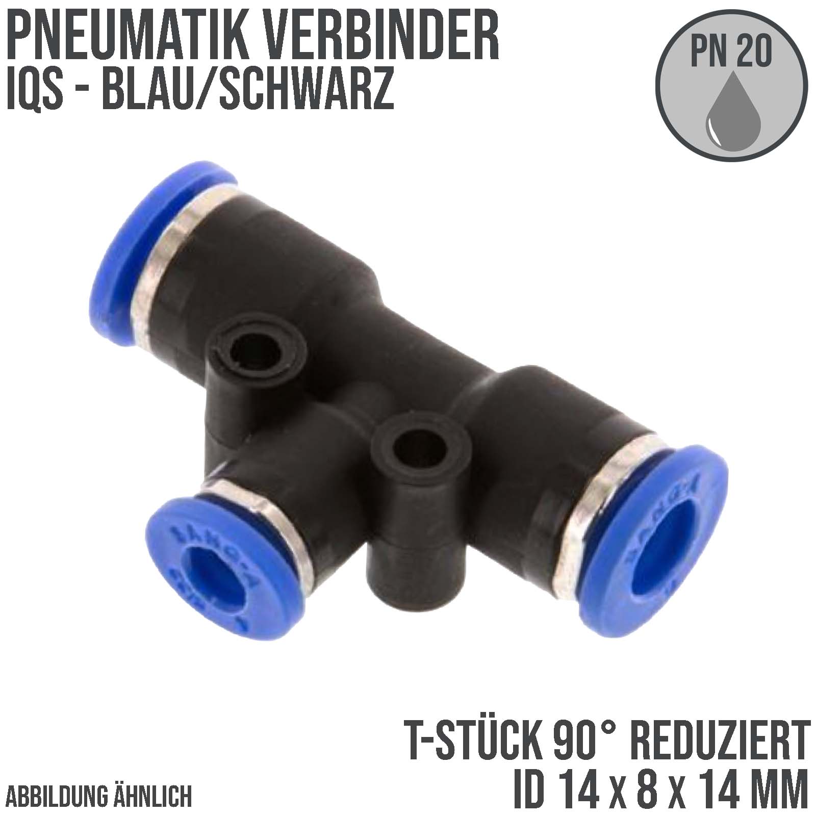 14 -> 8 mm Pneumatik Schnell Steck Verbinder IQS T-Stück 90° reduziert blau/schwarz PA PU Schlauch - PN 20 bar