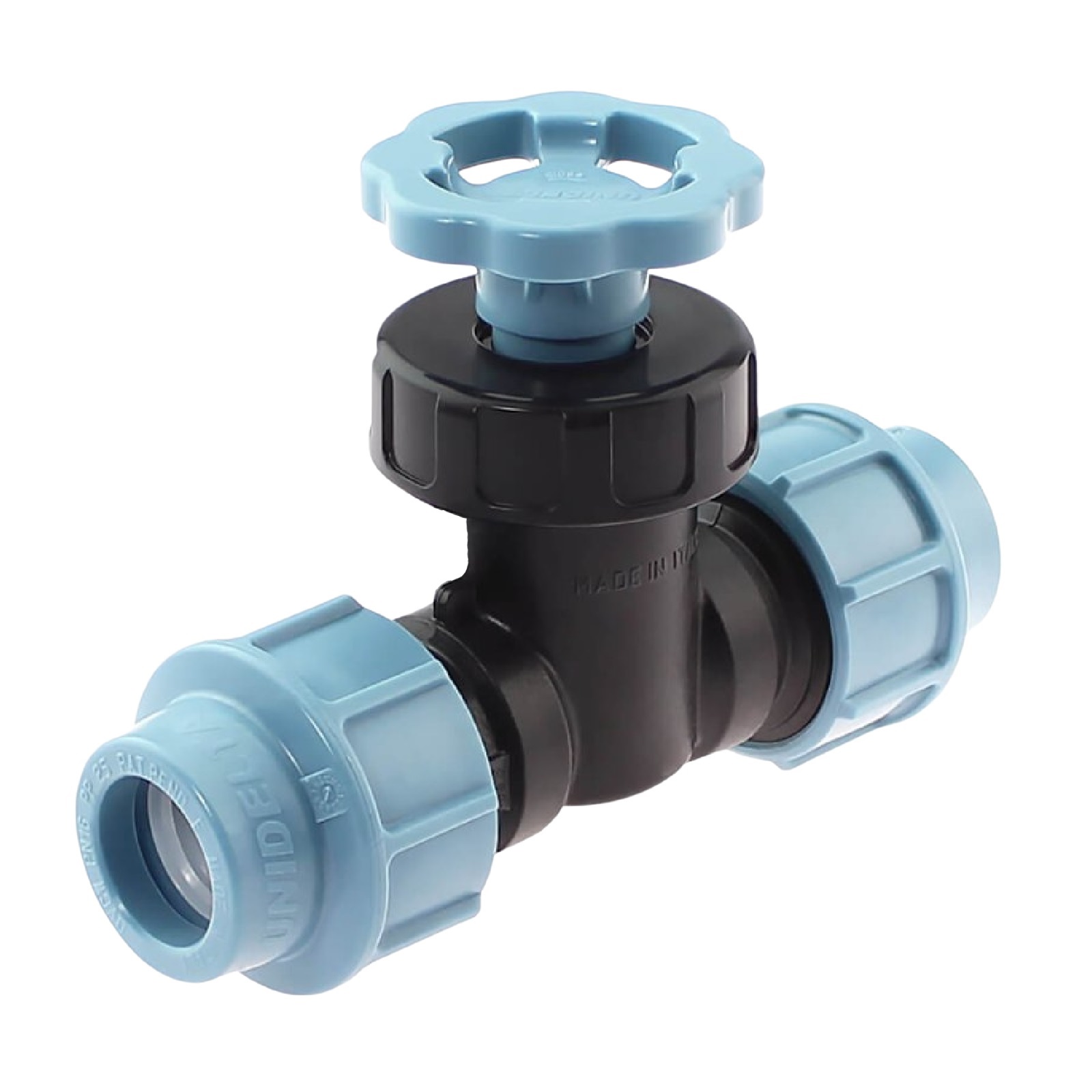 32 mm PE PP Durchgangsventil 2-fach Klemm Muffe Kupplung PN 16 bar DVGW KIWA WRAS Unidelta
