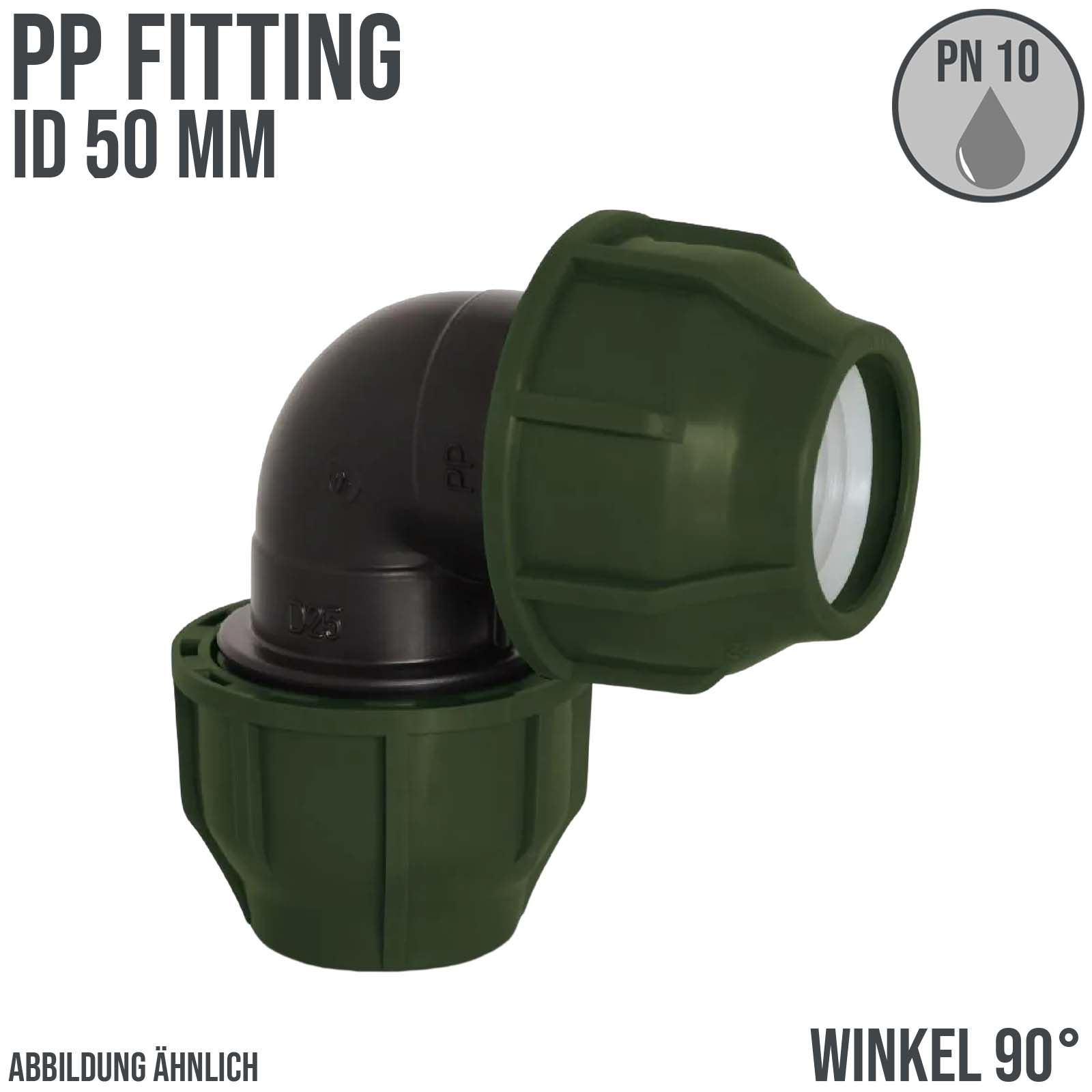 50 mm PE PP Fitting Klemm Verbinder Verschraubung Muffe Rohr Winkel 90° - PN 10 bar