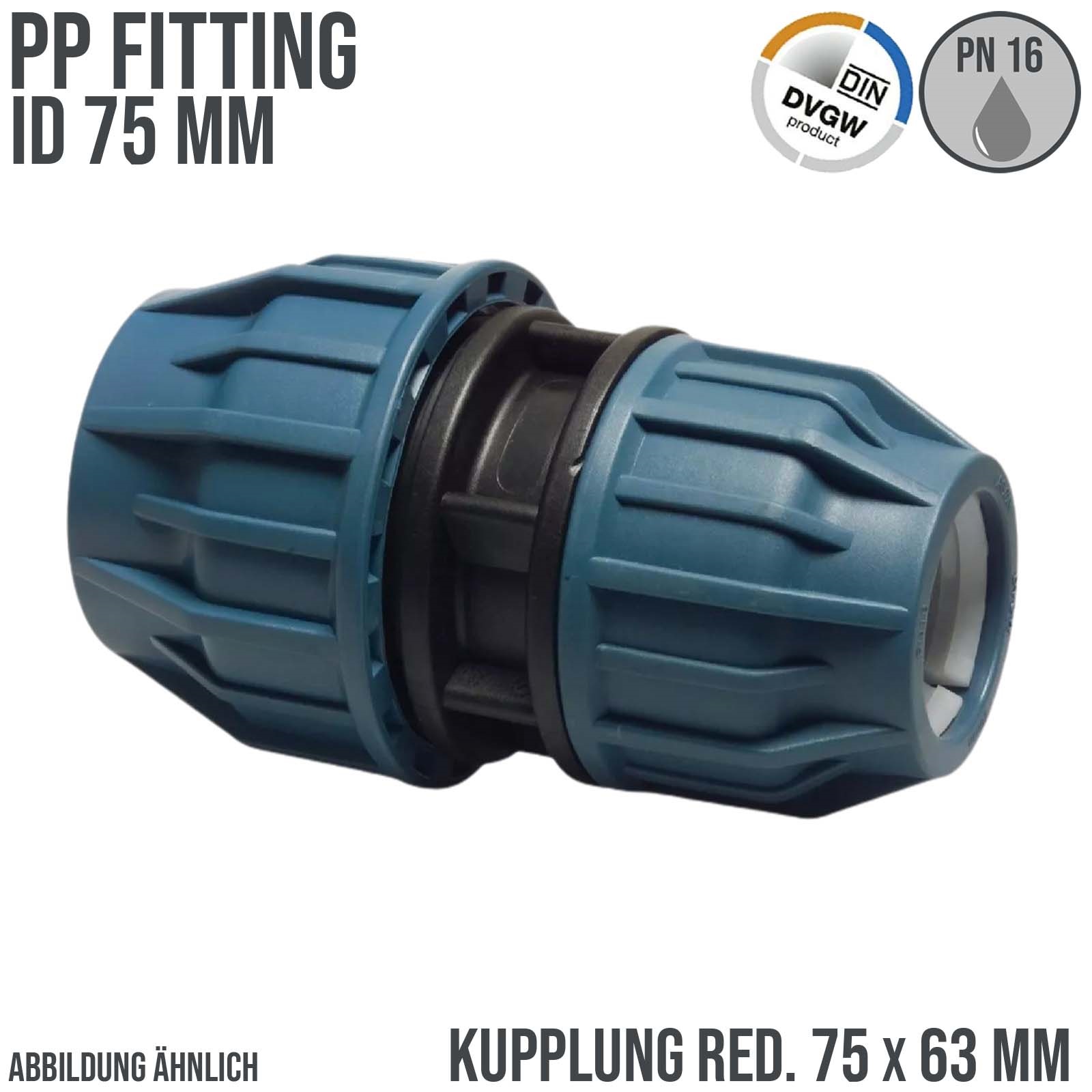75 x 63 mm PE PP Fitting Klemm Verbinder reduziert Verschraubung Muffe Kupplung DVGW - PN 16 bar
