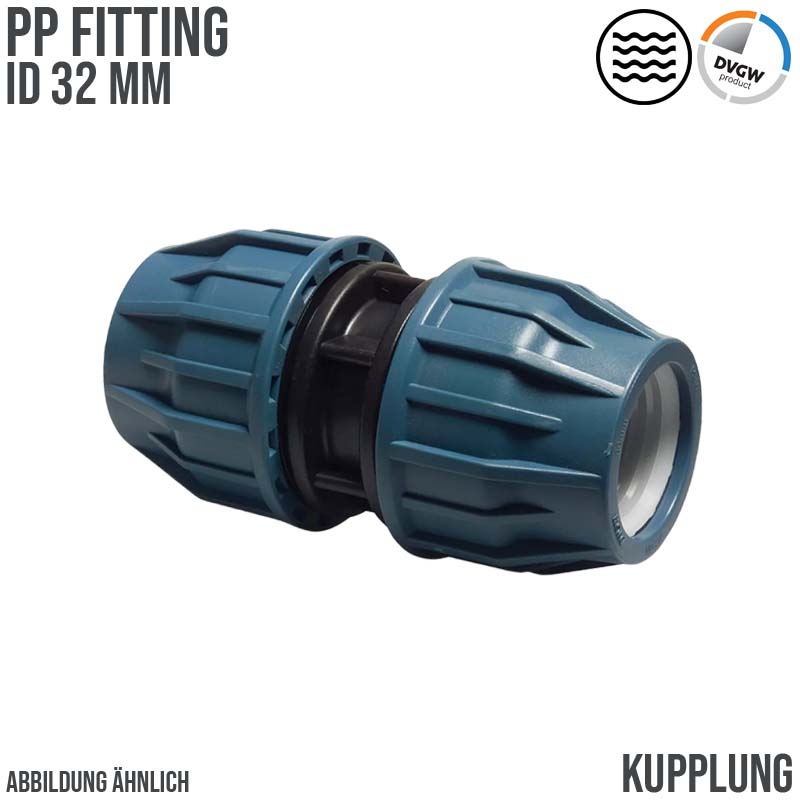 32 mm PE PP Fitting Klemm Verbinder Verschraubung Muffe Rohr Kupplung DVGW - PN 16 bar