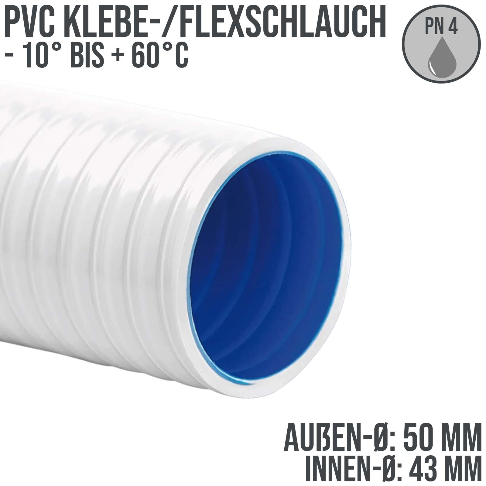 50 x 43 mm PVC Klebe Flex Spiral Spa Schwimmbad Pool Schlauch weiss/blau PN 4 bar
