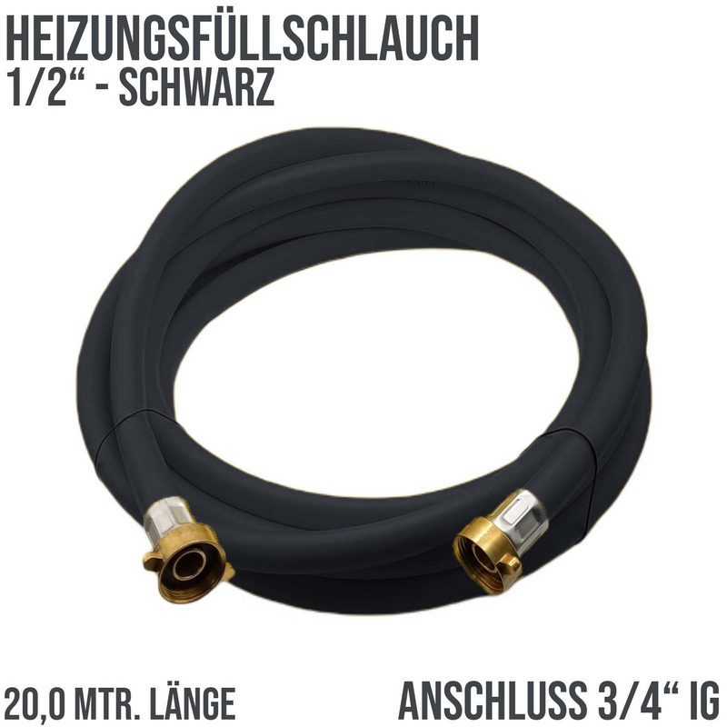 20 m Heizungs Füll Wasser Heizkörper Radiator Sanitär Schlauch schwarz - 3/4" Anschluss - PN 8 bar