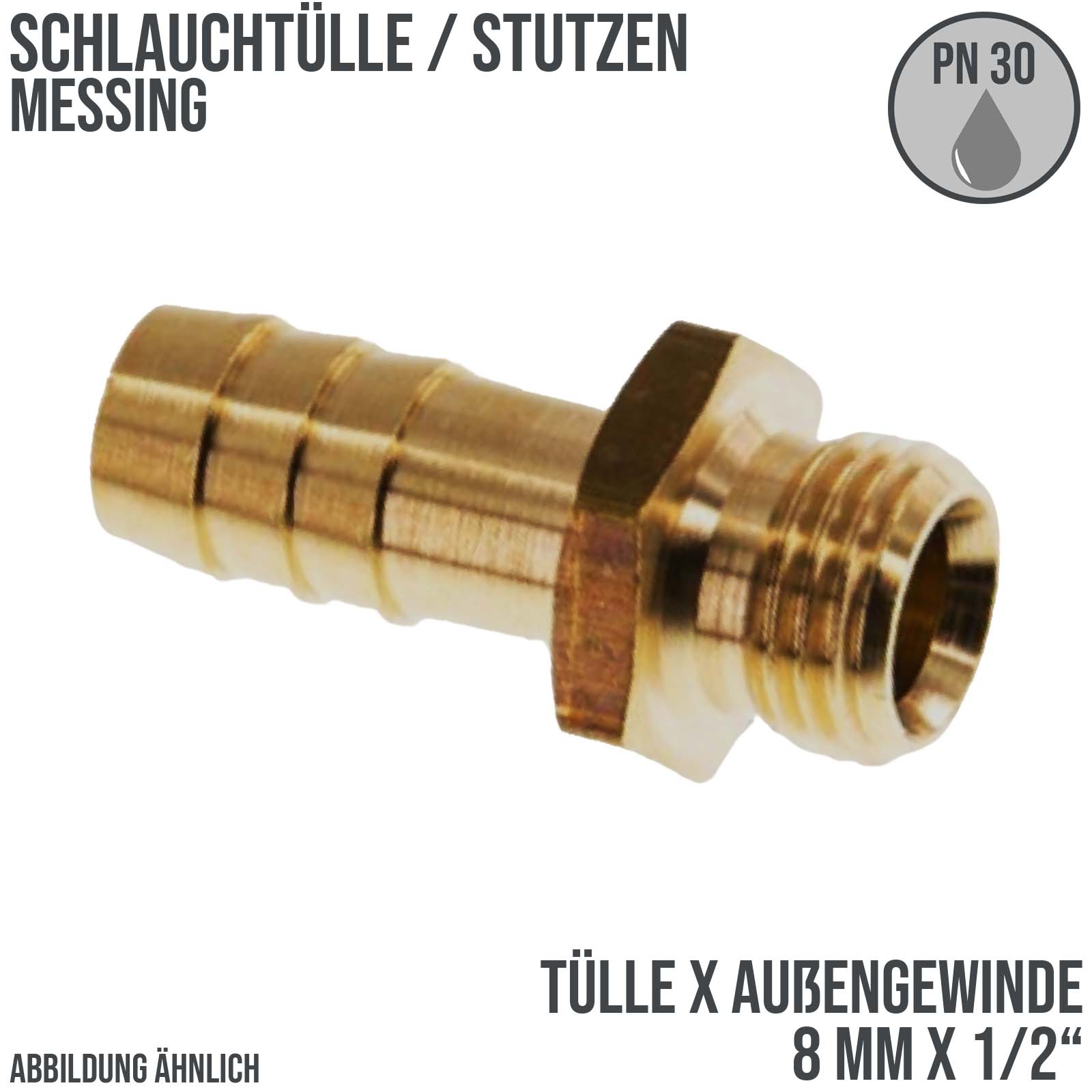 8 mm x 1/2" Zoll Schlauch Tülle Stutzen Außengewinde AG Nippel Messing Fittings - PN 30 bar