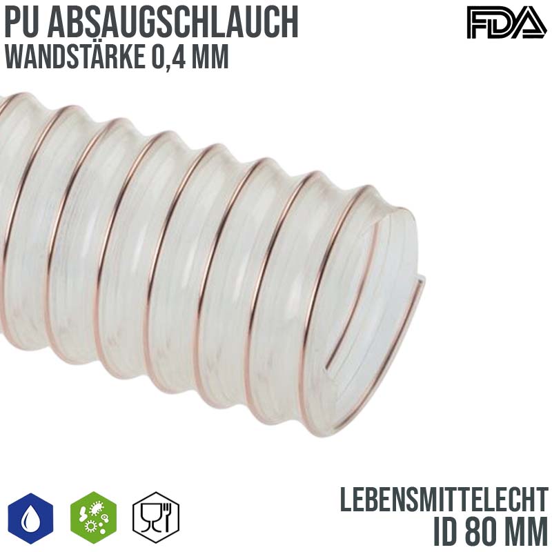 80 mm PU Saug Ansaug Druck Spiral Flex FDA Lebensmittel Schlauch - Wandstärke 0,4 mm  - PN 0,28 bar