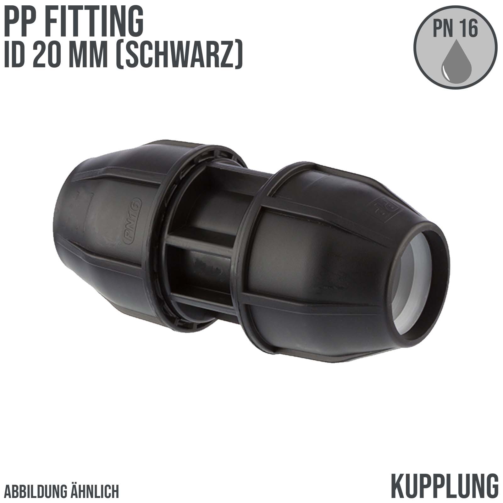 20 mm PE PP Fitting Klemm Verbinder Verschraubung Muffe Rohr Kupplung schwarz - PN 16 bar