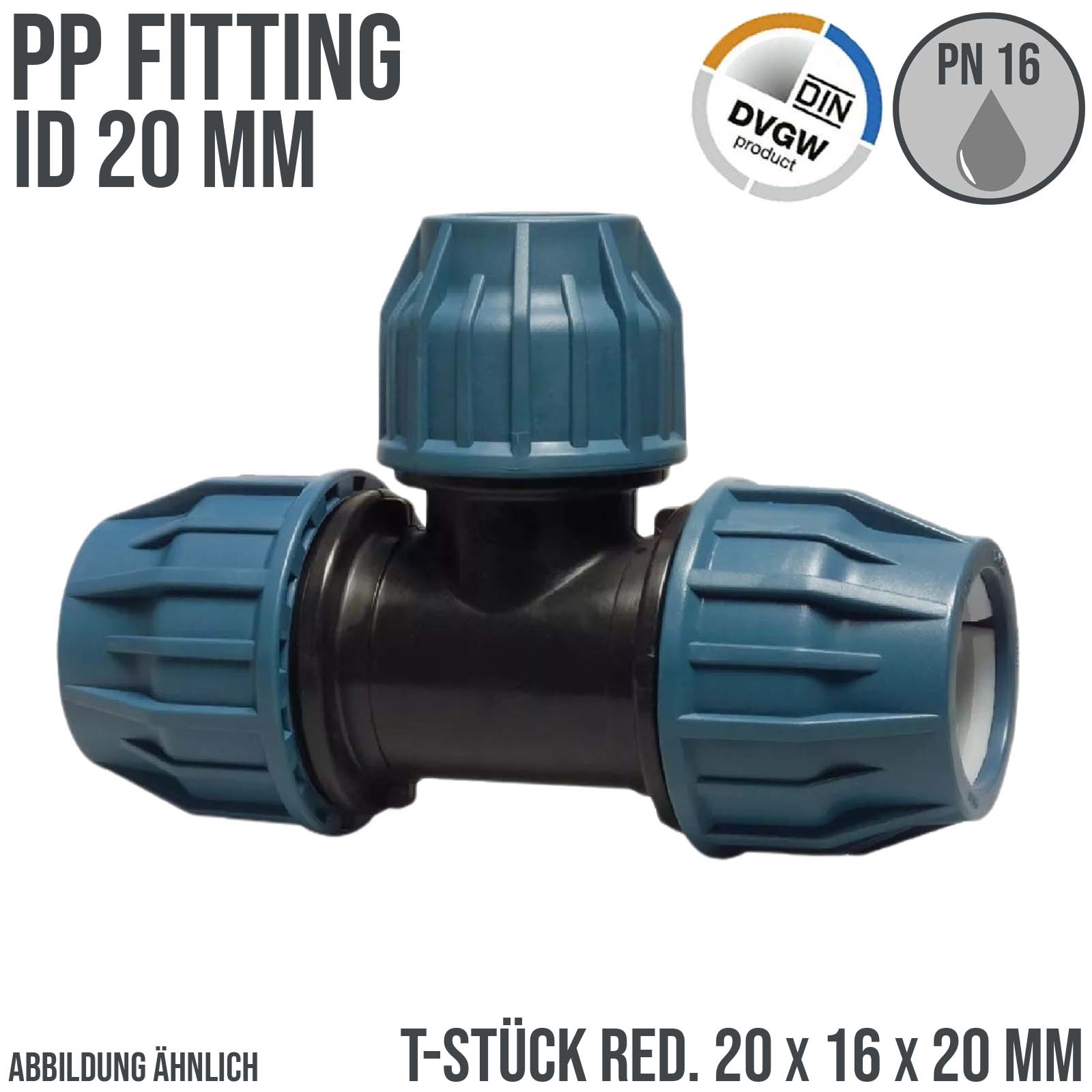 20 x 16 x 20 mm PE PP Fitting Klemm Verbinder Verschraubung Muffe reduziert T-Stück 90° DVGW - PN 16 bar