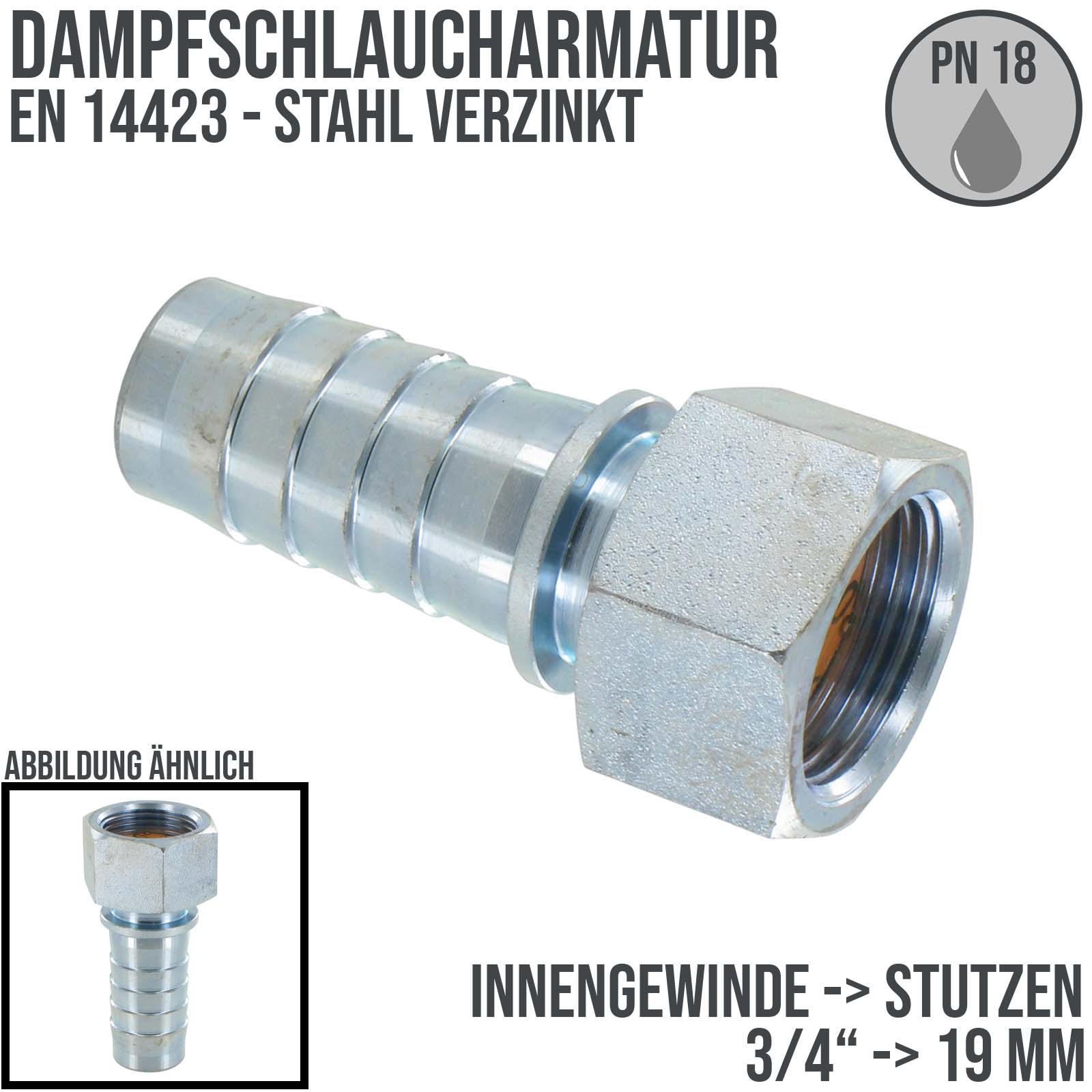 3/4" Dampfschlaucharmatur Innengewinde Sicherungsbund Stahl verzinkt Stutzen Tülle 19 mm - PN 18 bar