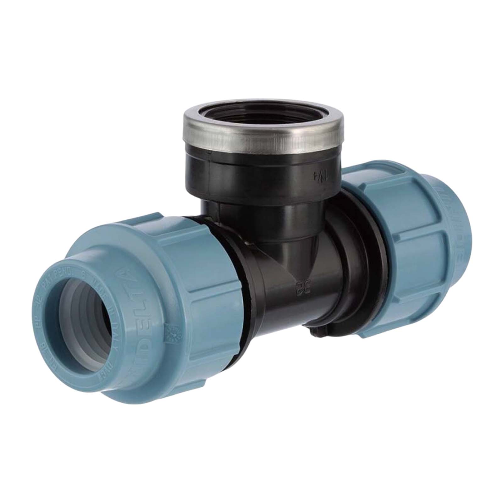 75 mm x 3" PE PP Fitting Klemm Verbinder Verschraubung Rohr T-Stück 90° x IG DVGW - Unidelta 