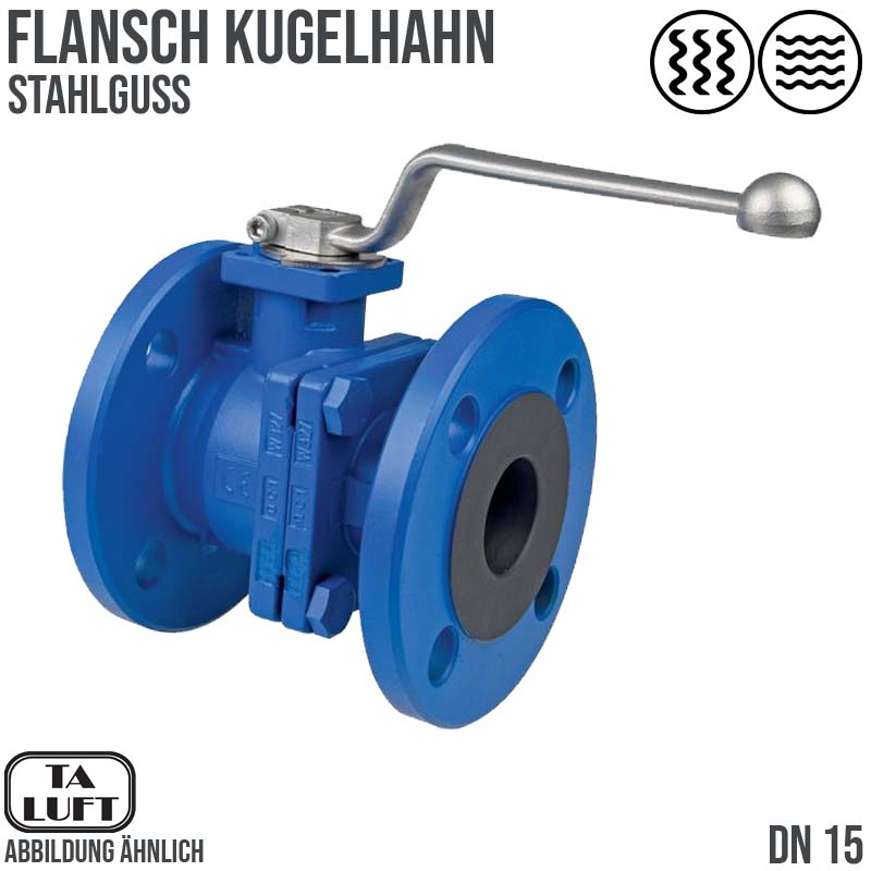 DN 15 Flansch Kugelhahn 2-teilig Gussgehäuse Kugel Messing DVGW Gas - PN 40 bar