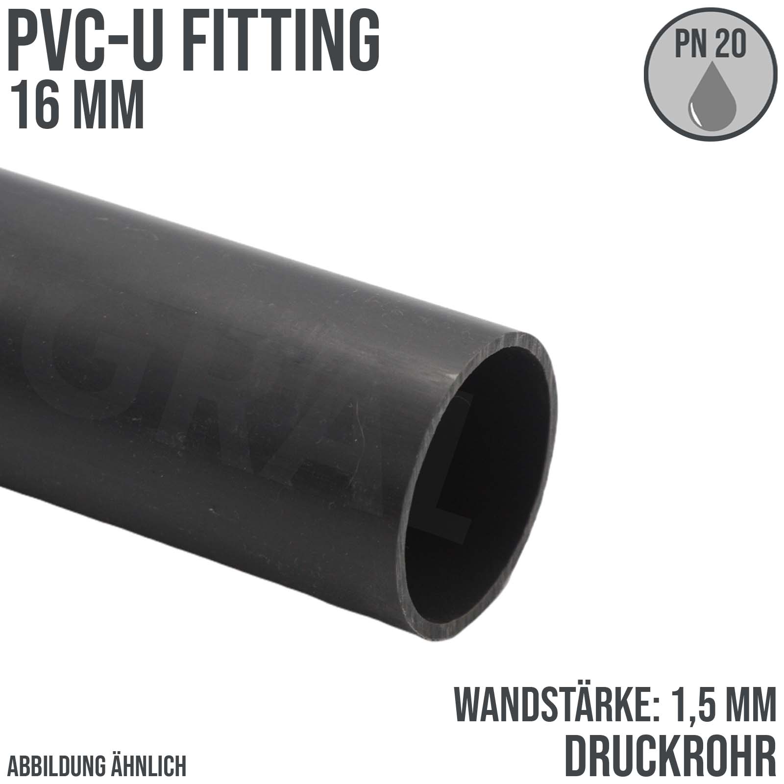 16 x 1,5 mm PVC Klebe Fitting Druck Kunststoff Rohr grau - 1 m Fixlänge - PN 20 bar