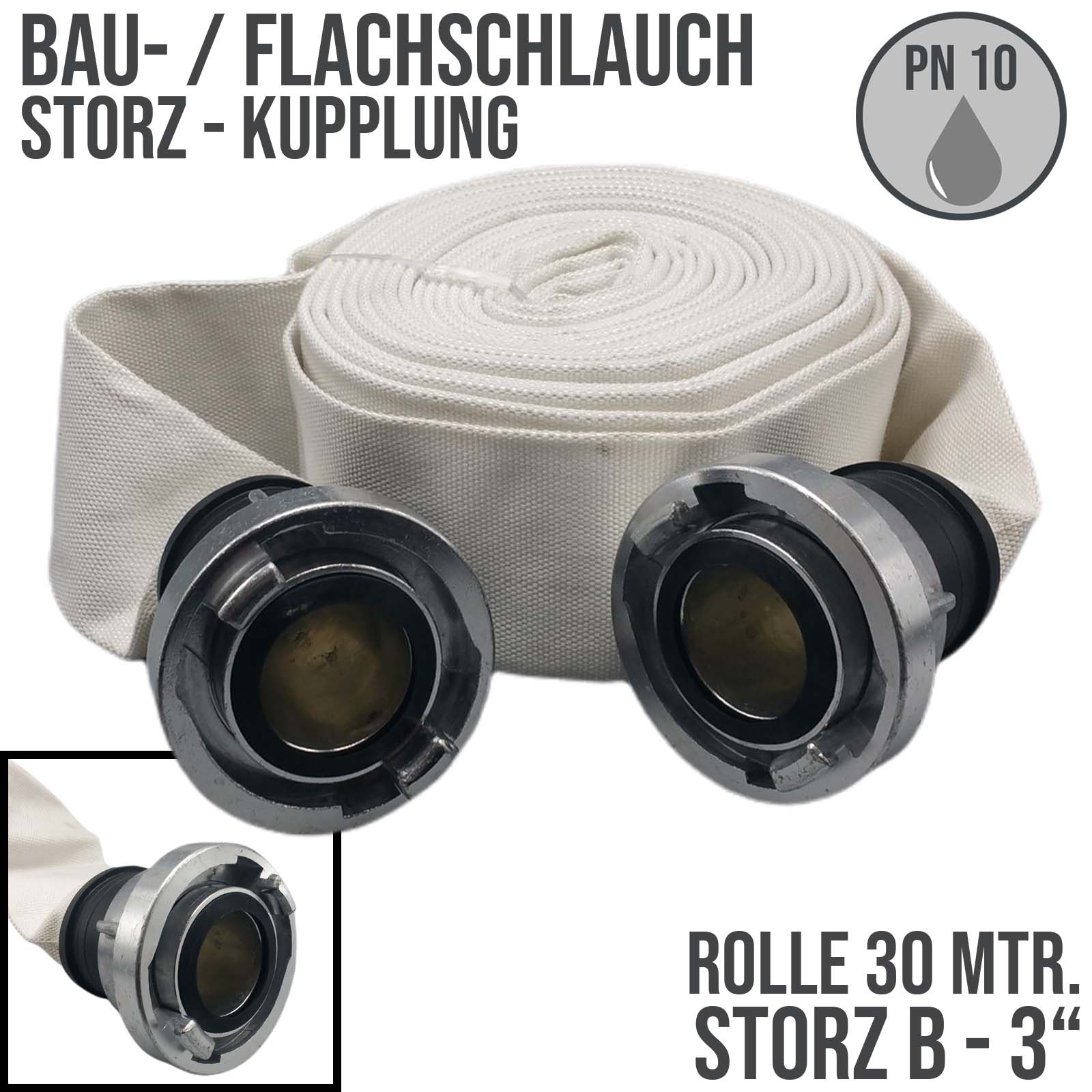 STORZ B KA 89 75 mm 3" Bau Feuerwehr Flach Pumpen Industrie Schlauch Garnitur PN 10 bar - 30 m