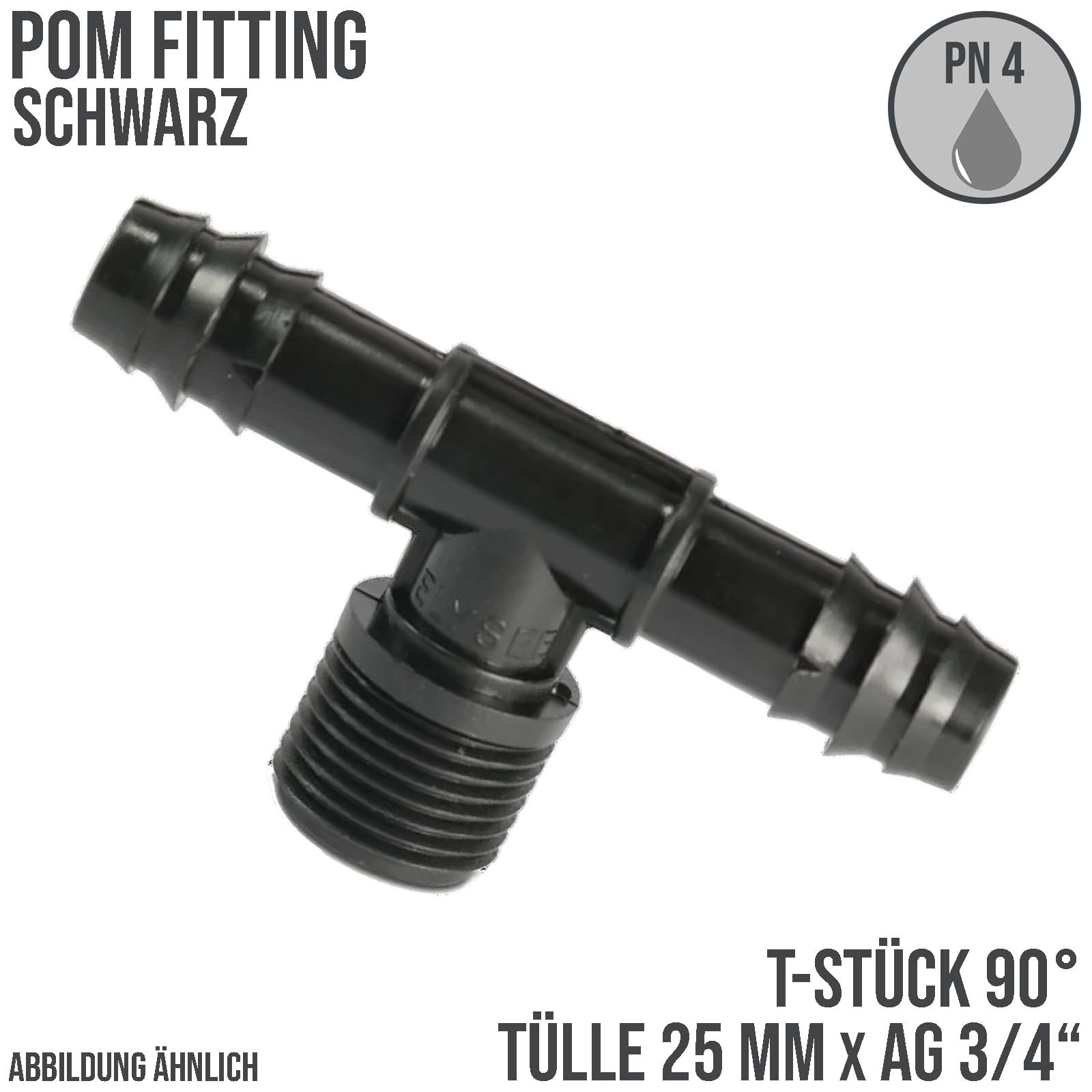 25 mm x 3/4" POM T-Stück 90° Schlauch Verbinder Stutzen Tülle Außen Gewinde AG Tropf Fitting schwarz PN 4 bar