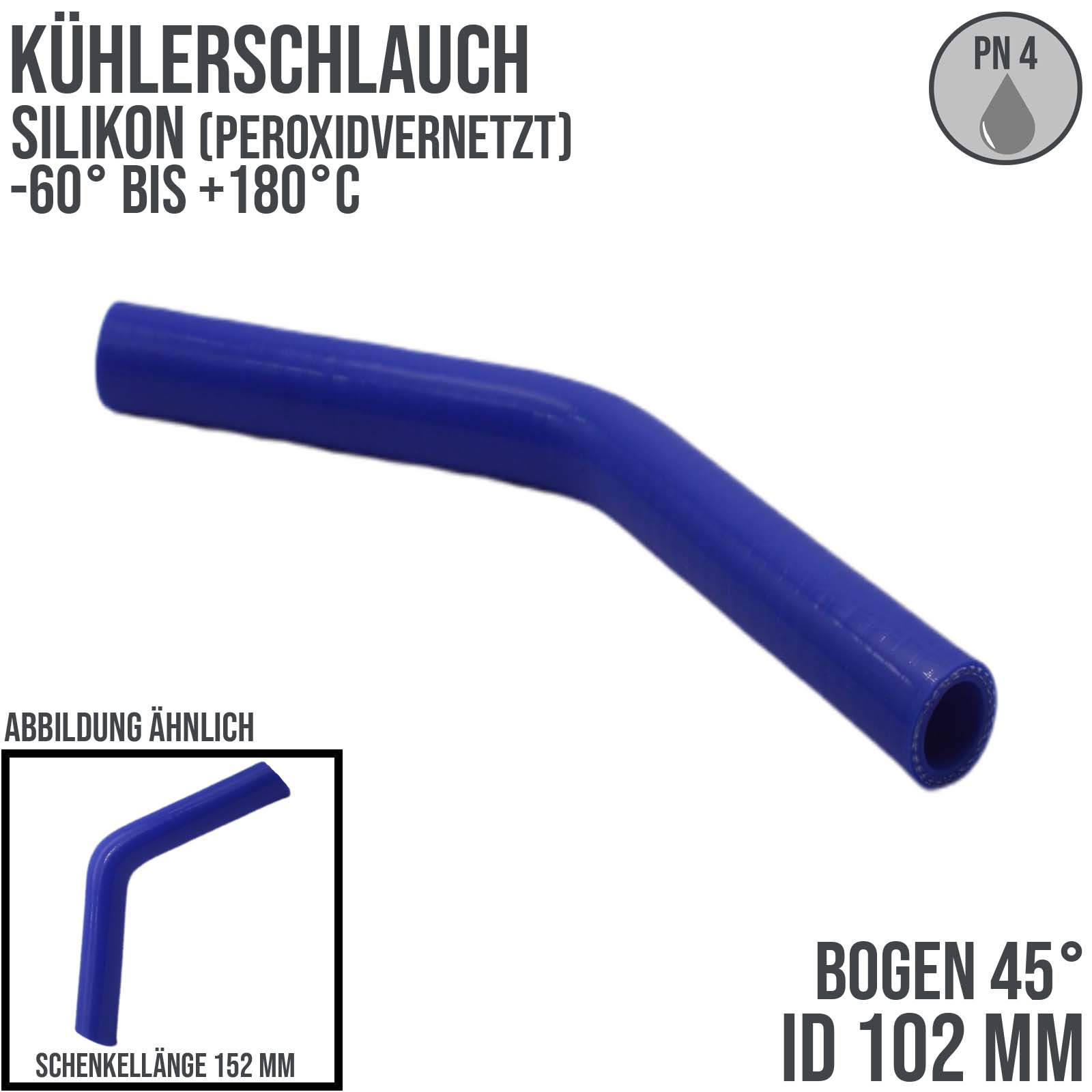 102 x 112 mm Kühlerschlauch Silikon Bogen 45° LLK Ladeluft Kühlmittel Schlauch blau (4,0 bar) - 152 mm