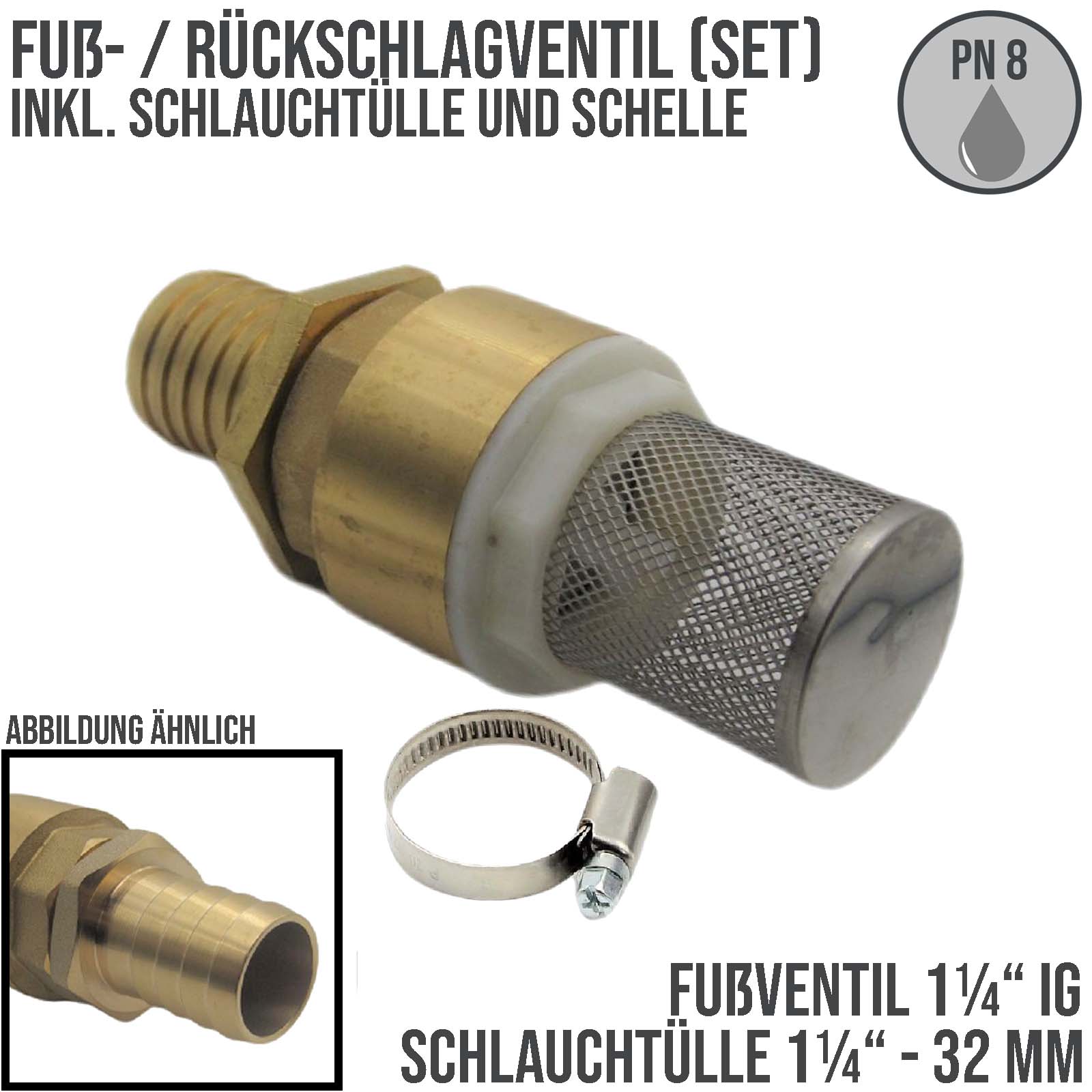 1 1/2" Zoll Fuß Rückschlag Ventil Saugkorb mit 38 mm Schlauchtülle Messing