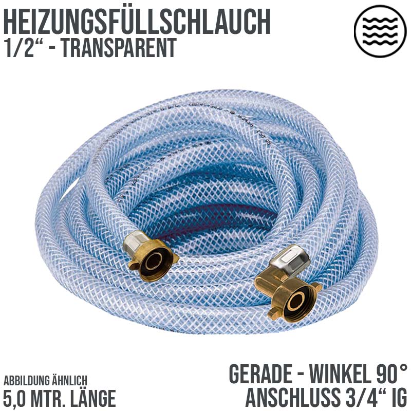 5,0 m Heizungs Füll Wasser Heizkörper Radiator Sanitär Schlauch transparent - 3/4" Gerade/Winkel Anschluss - PN 8 bar