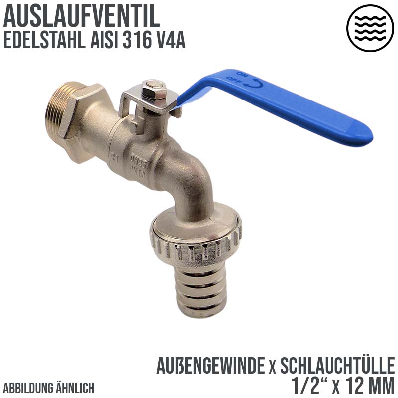 1/2" Edelstahl AISI 316 Auslauf Kugel Wasser Hahn Ventil Aussengewinde Tülle 12mm - PN 10 bar