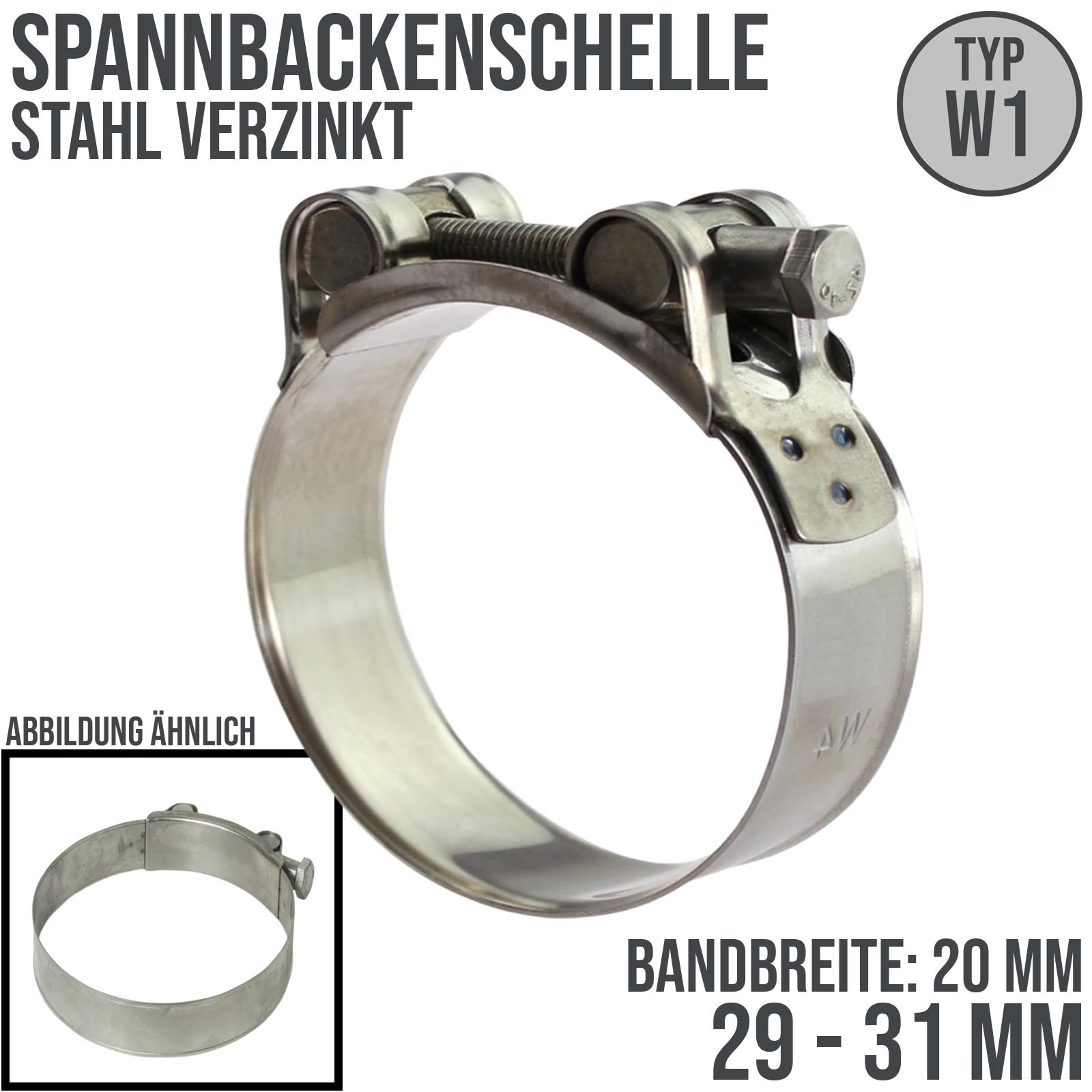 29 x 31 mm Gelenkbolzen (GBS) Spannbacken Panzer Schelle Stahl verzinkt Typ W1 - Bandbr.: 20 mm