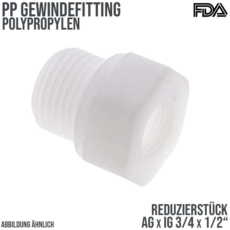 3/4" x 1/2" PP Gewinde Fitting FDA Reduzier Nippel Außen x Innengewinde Verbinder beige - PN 10 bar